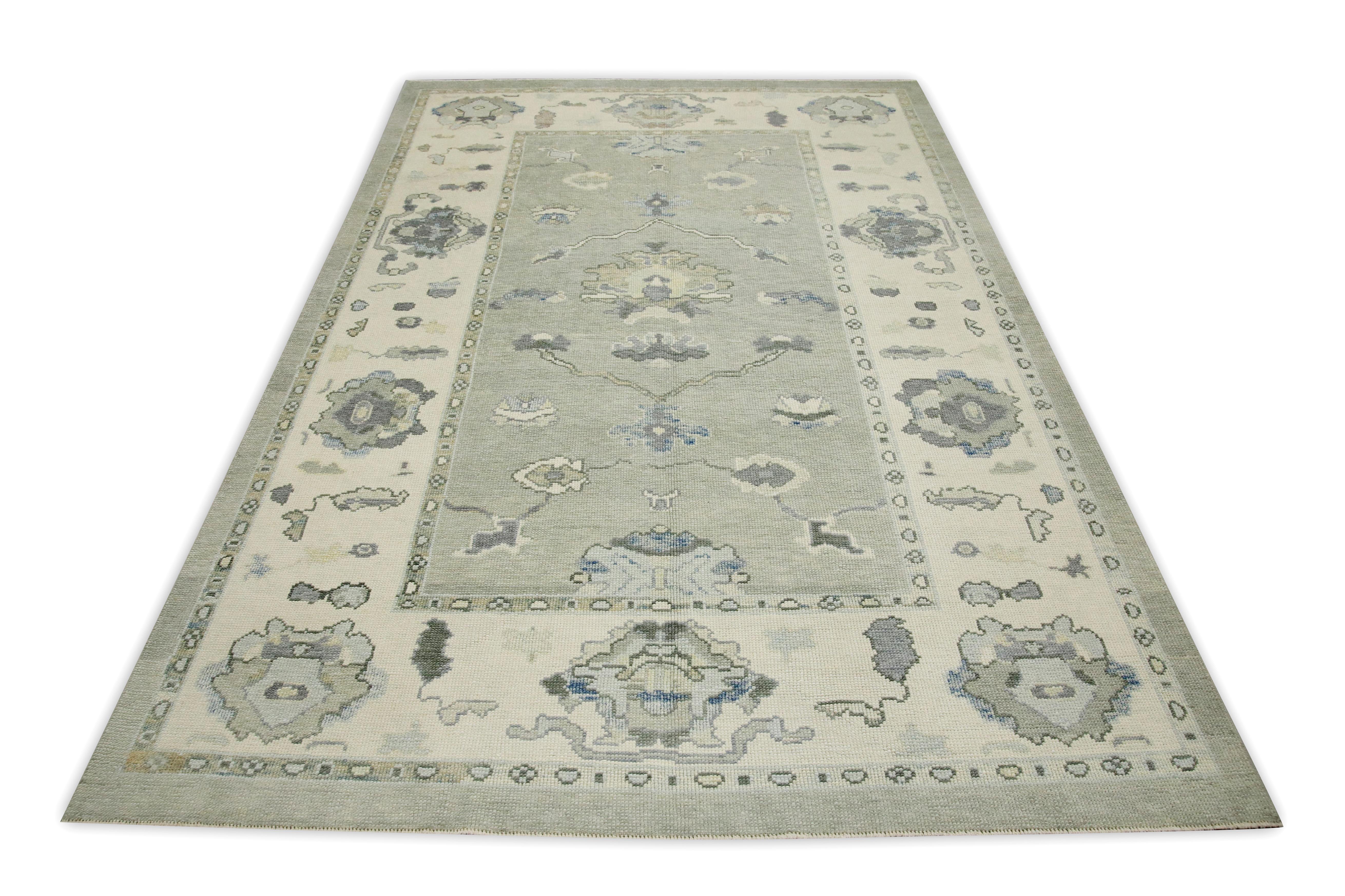 Contemporary Turkish Oushak Rug Gray & Blue Floral Design Handwoven Wool Rug 5'11
