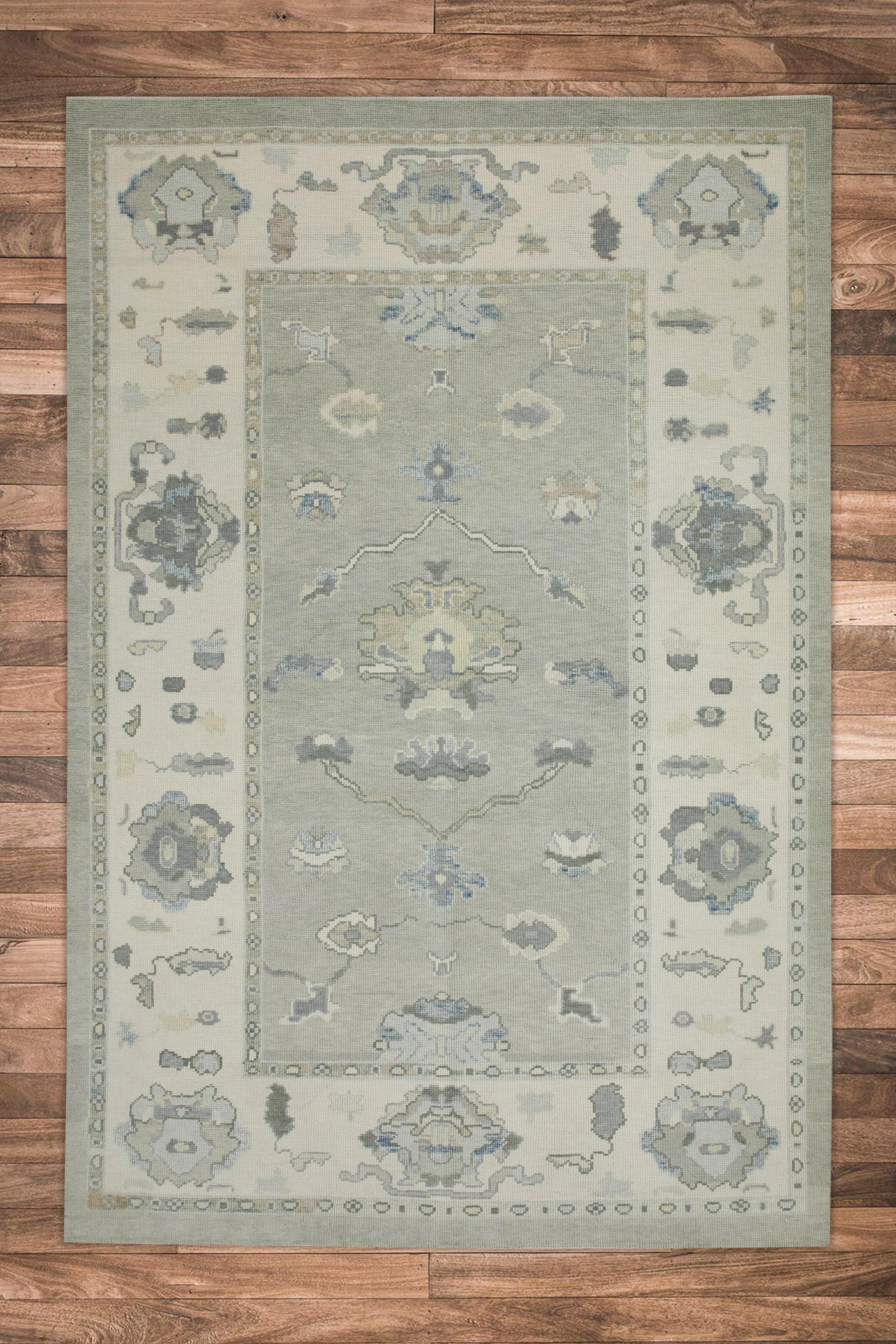 Turkish Oushak Rug Gray & Blue Floral Design Handwoven Wool Rug 5'11
