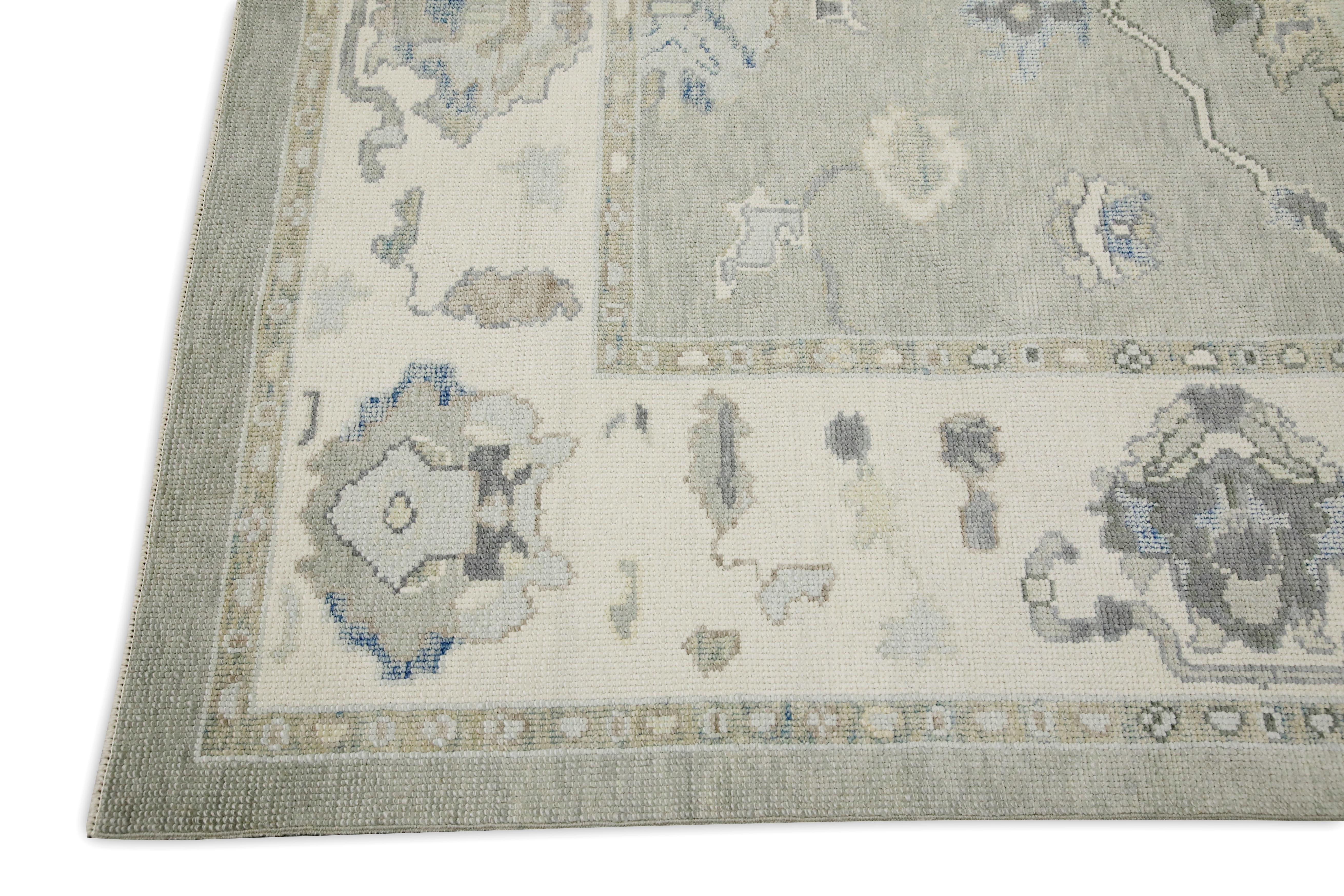 Turkish Oushak Rug Gray & Blue Floral Design Handwoven Wool Rug 5'11