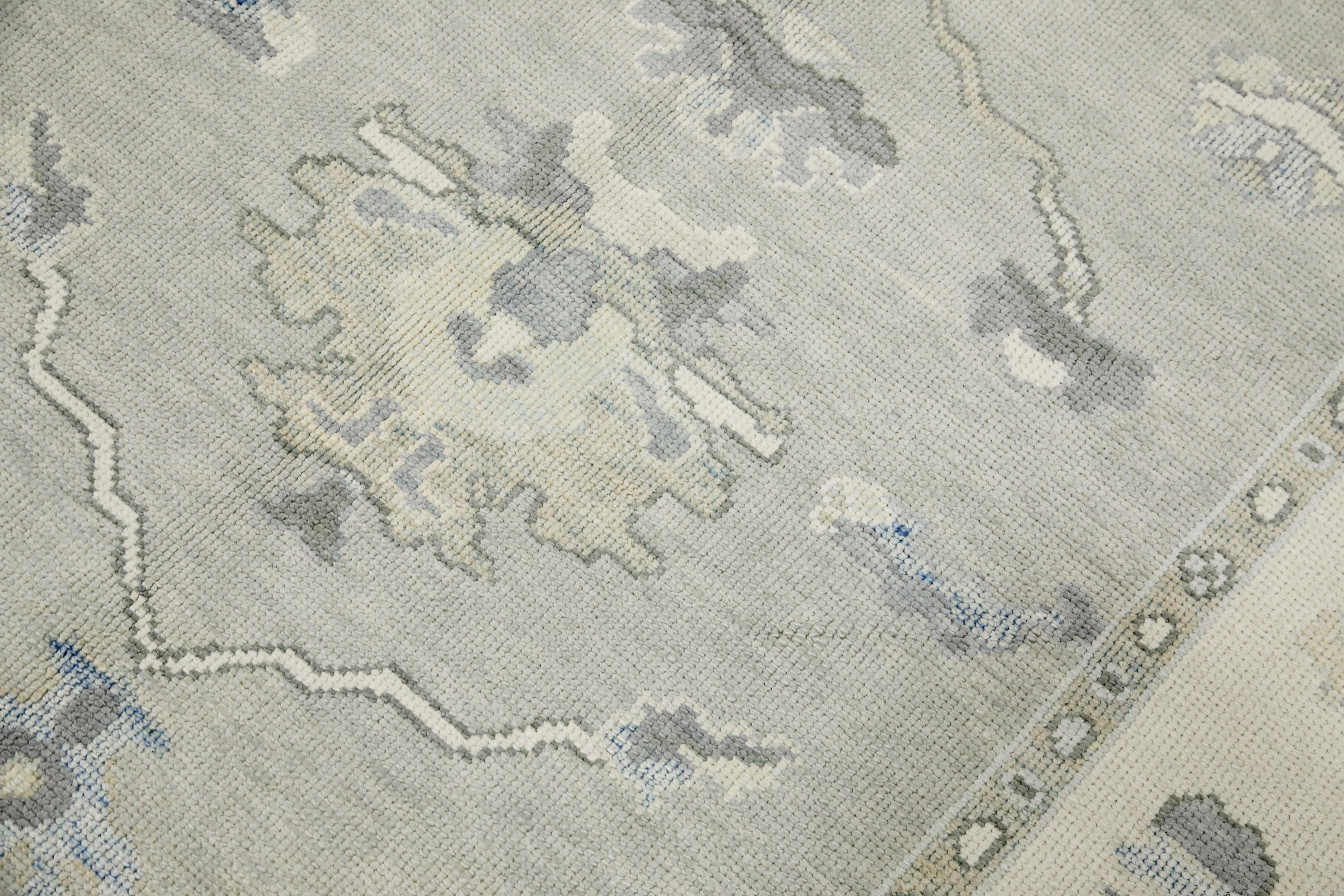 Turkish Oushak Rug Gray & Blue Floral Design Handwoven Wool Rug 5'11