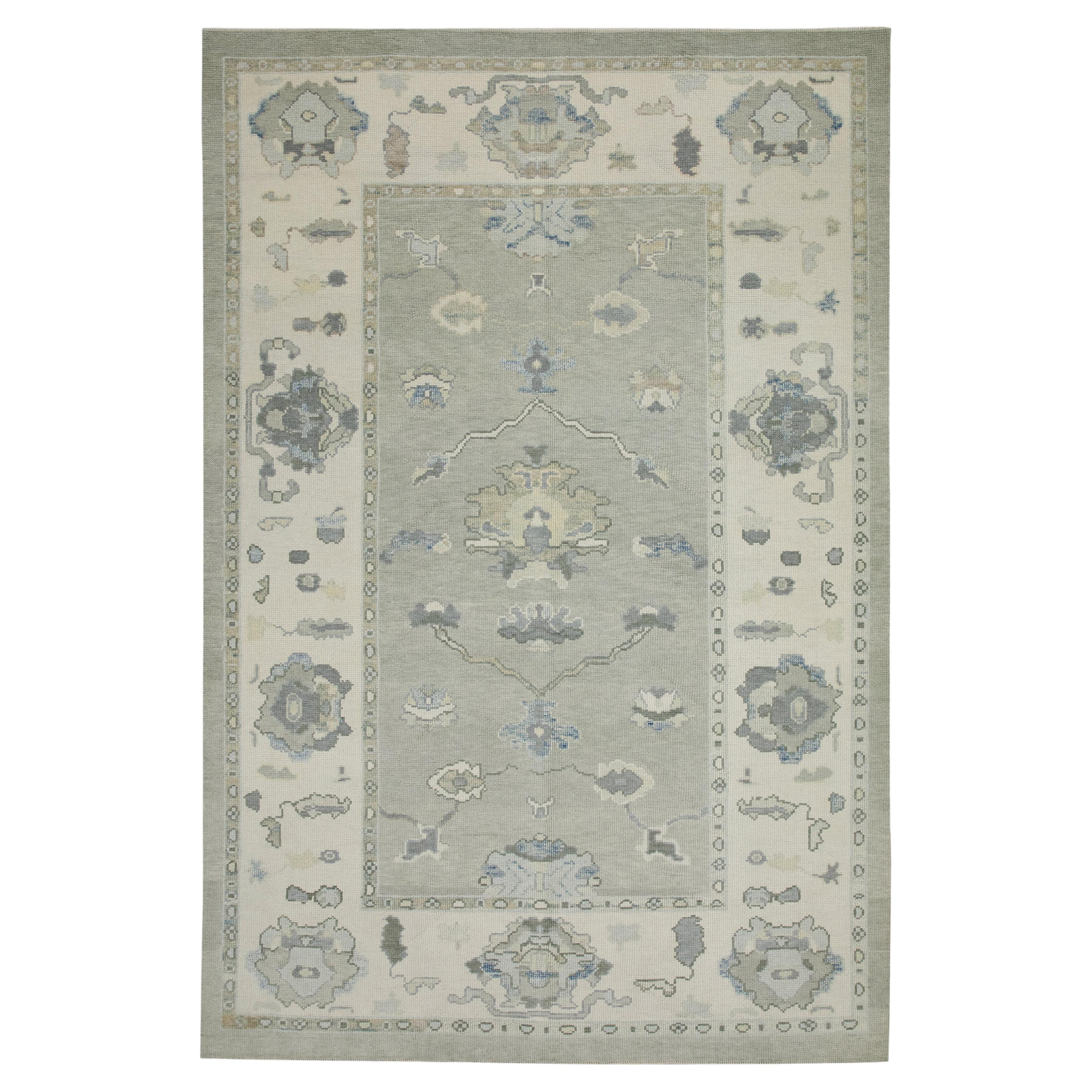 Turkish Oushak Rug Gray & Blue Floral Design Handwoven Wool Rug 5'11" x 8'8" For Sale