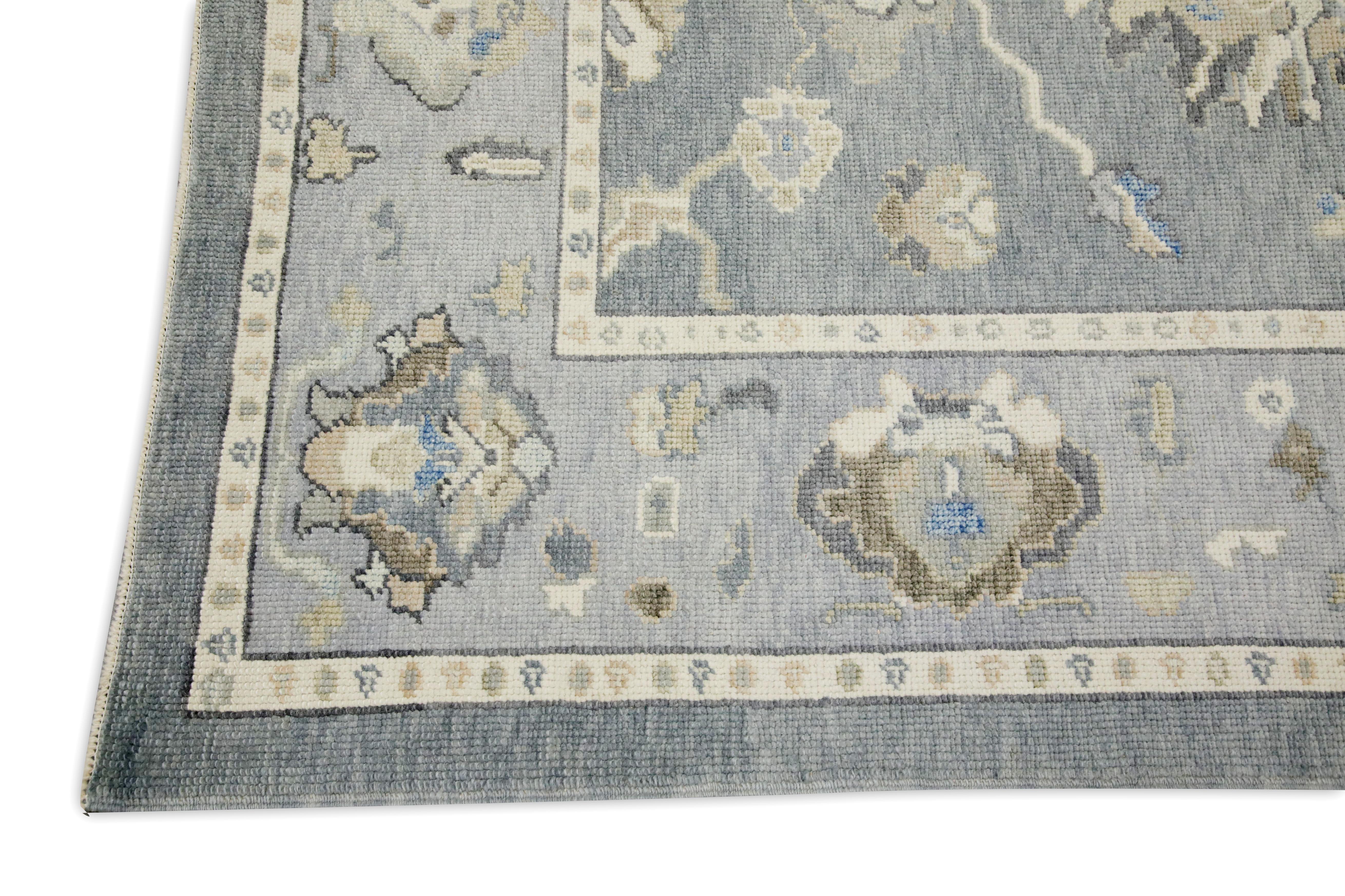 Alfombra turca Oushak Alfombra de lana tejida a mano con diseño floral gris y azul 5'2