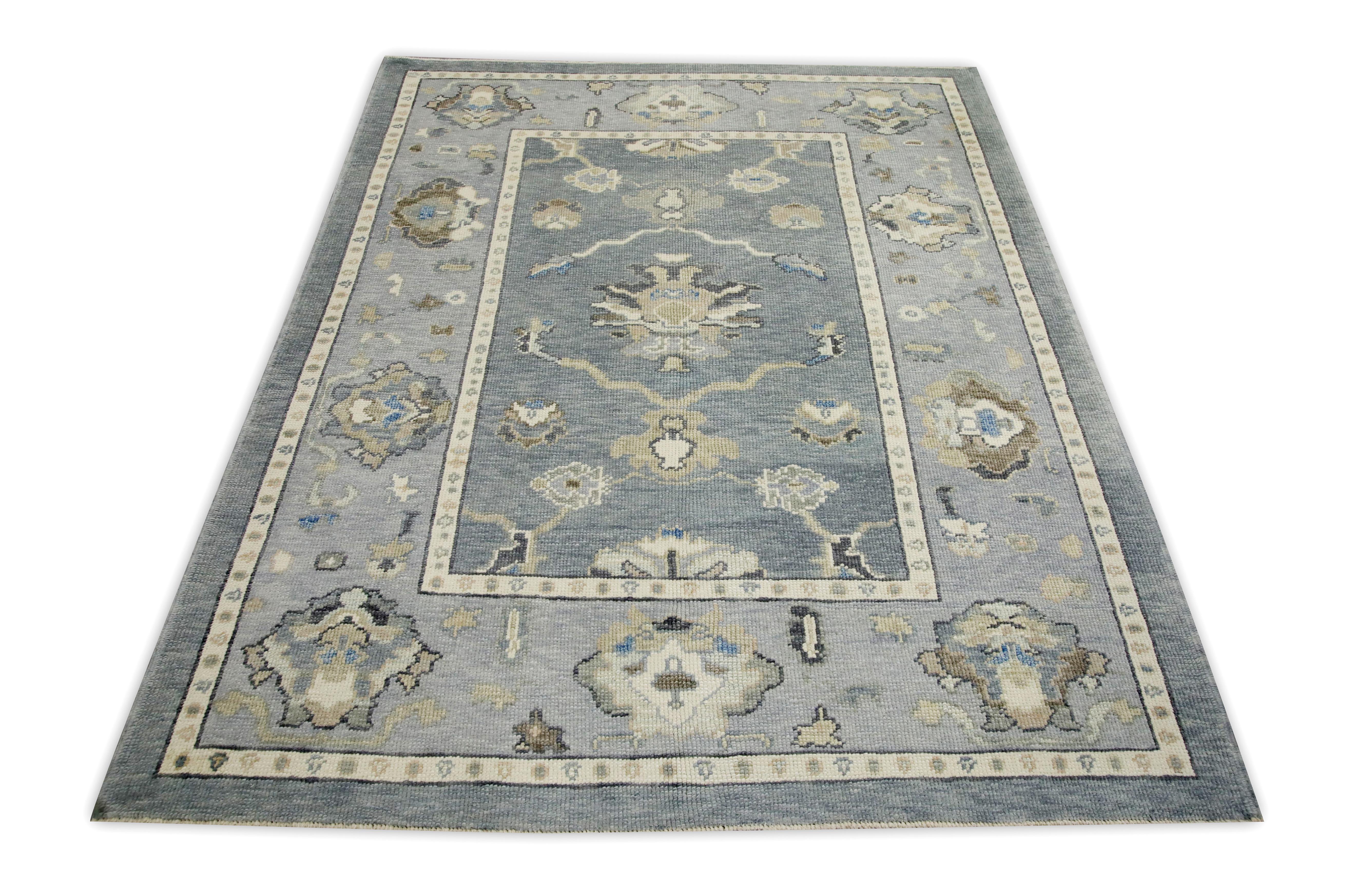 Alfombra turca Oushak Alfombra de lana tejida a mano con diseño floral gris y azul 5'2