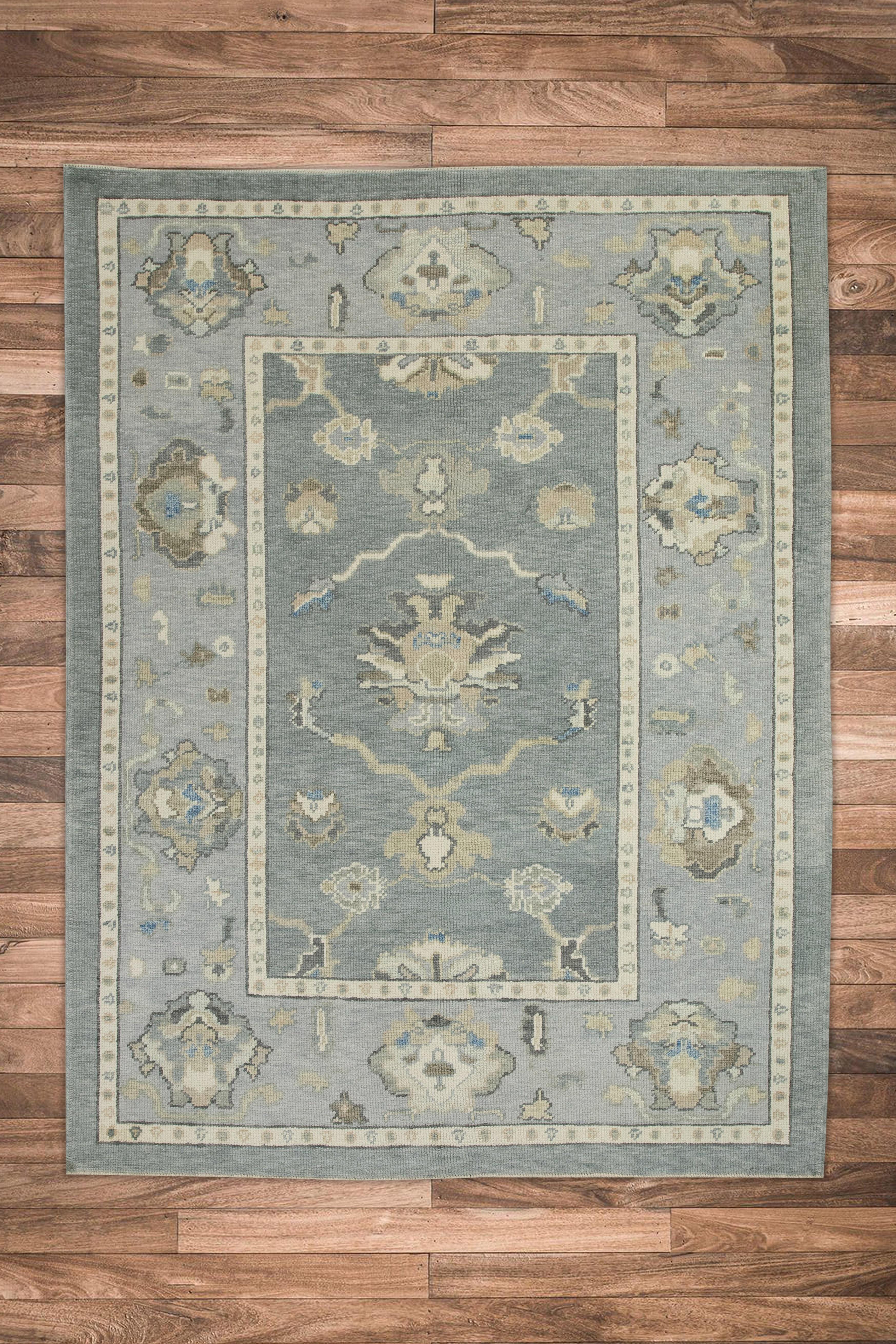 Alfombra turca Oushak Alfombra de lana tejida a mano con diseño floral gris y azul 5'2