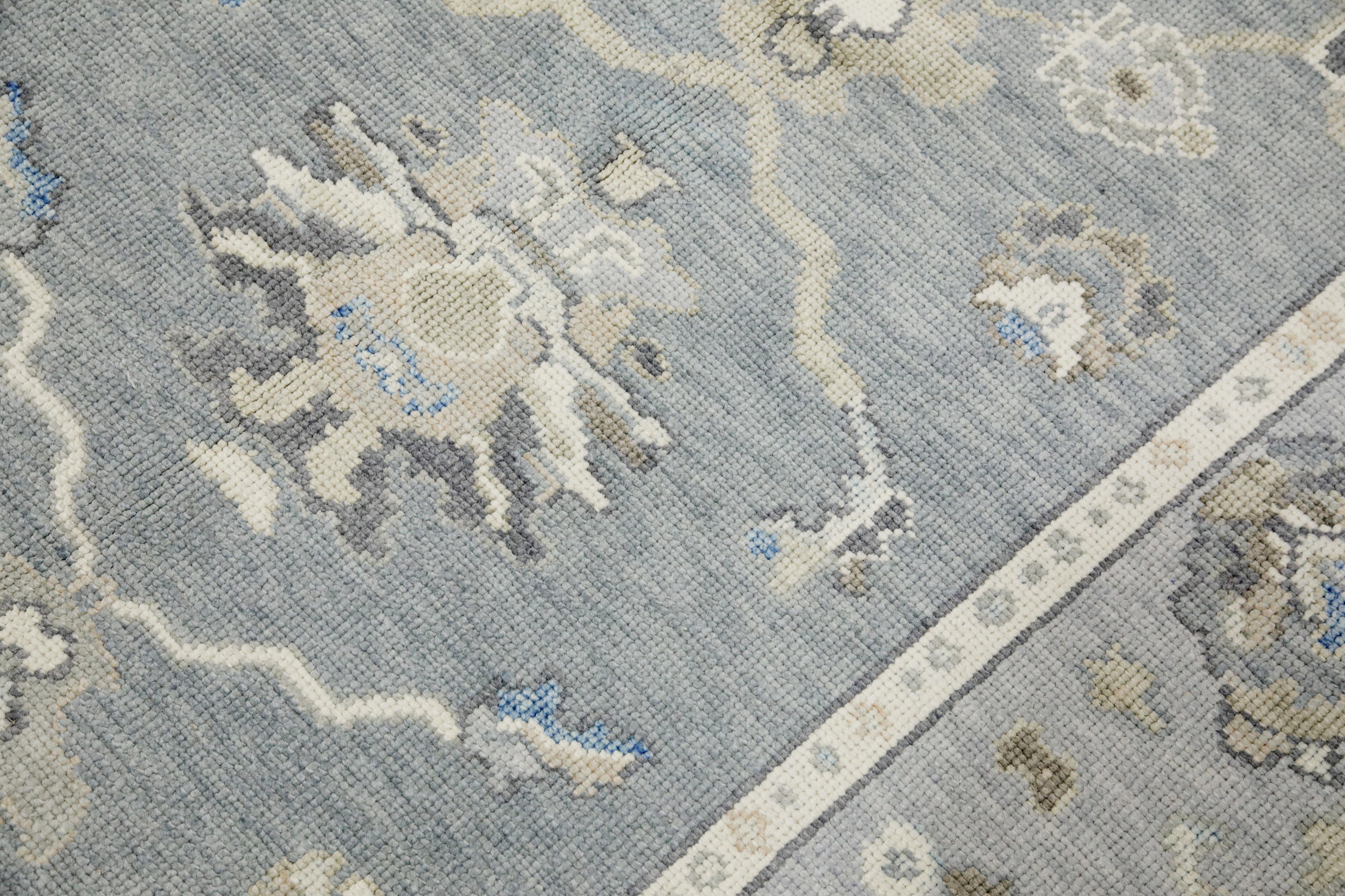Alfombra turca Oushak Alfombra de lana tejida a mano con diseño floral gris y azul 5'2