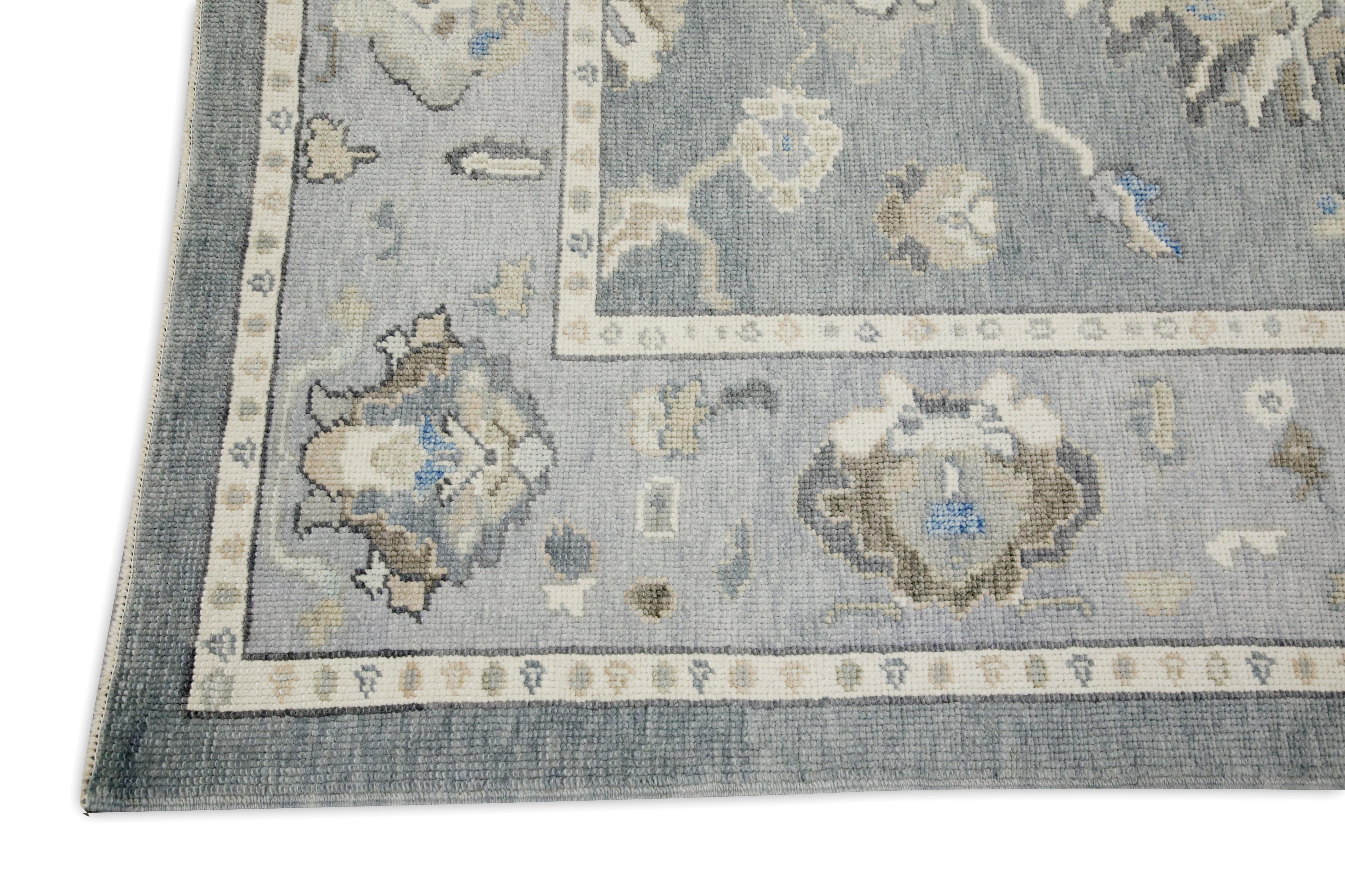Alfombra turca Oushak Alfombra de lana tejida a mano con diseño floral gris y azul 5'2
