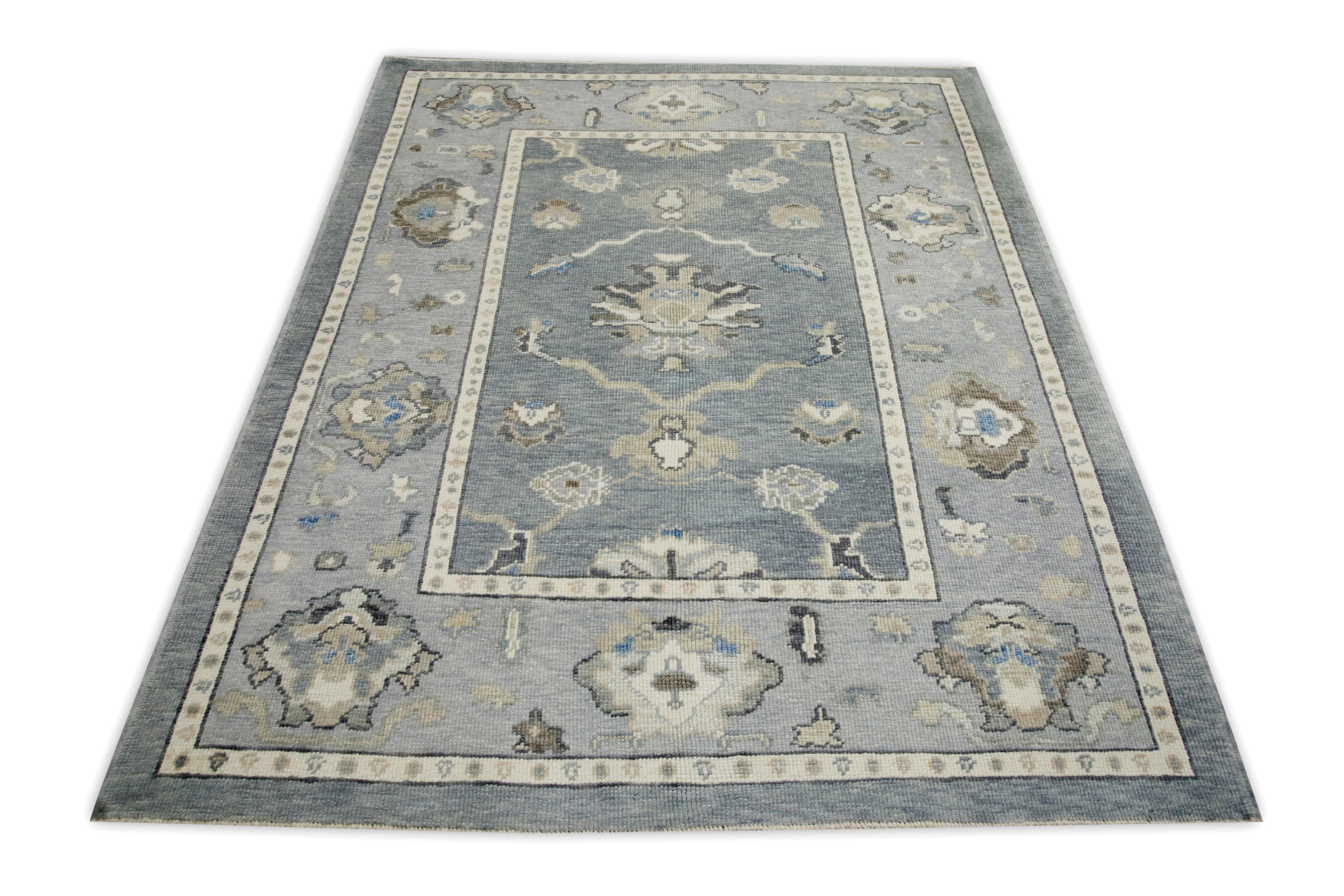 Alfombra turca Oushak Alfombra de lana tejida a mano con diseño floral gris y azul 5'2