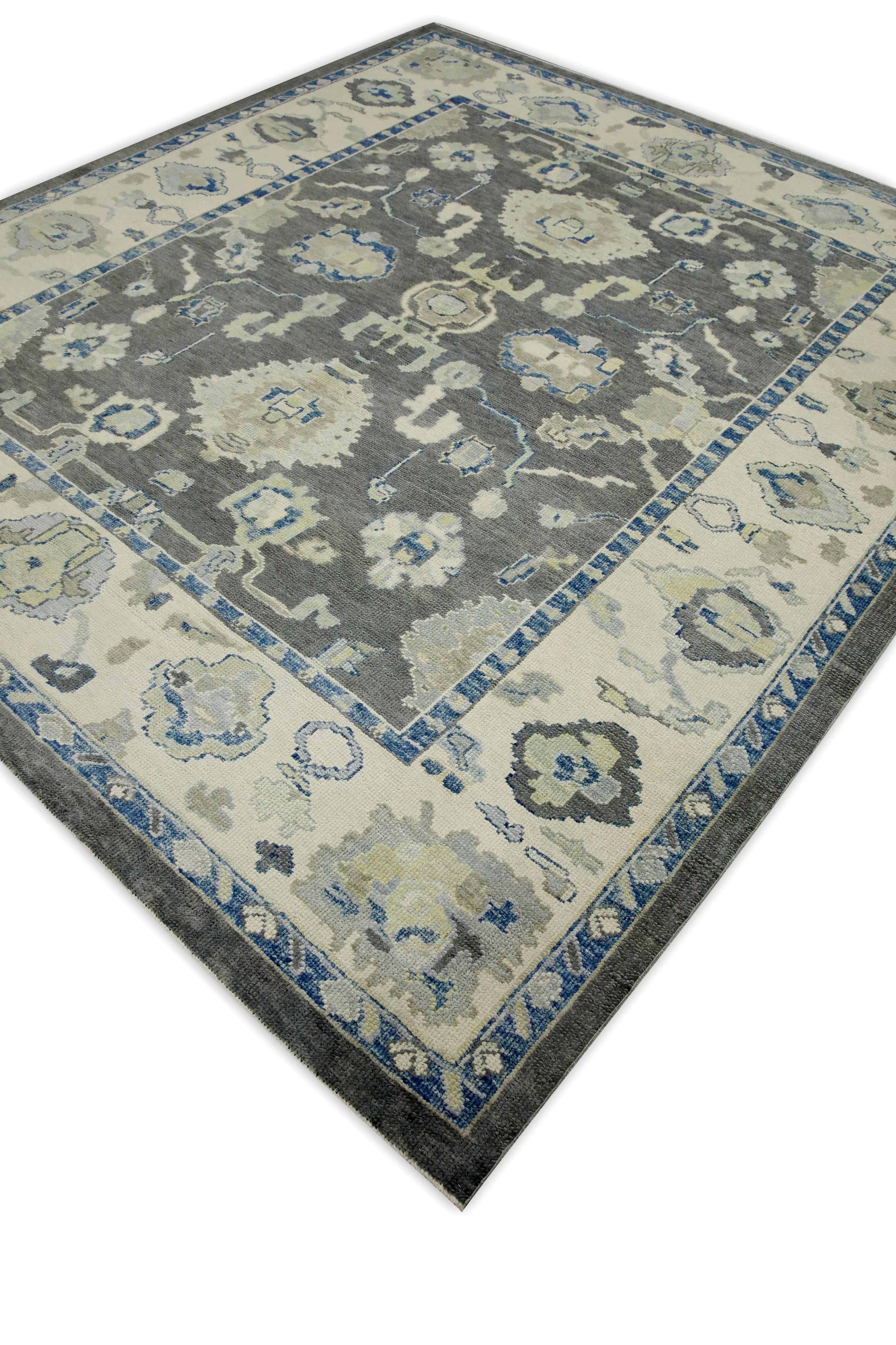 Tappeto turco Oushak Grigio e blu con disegno floreale, tessuto a mano, in lana 8'1