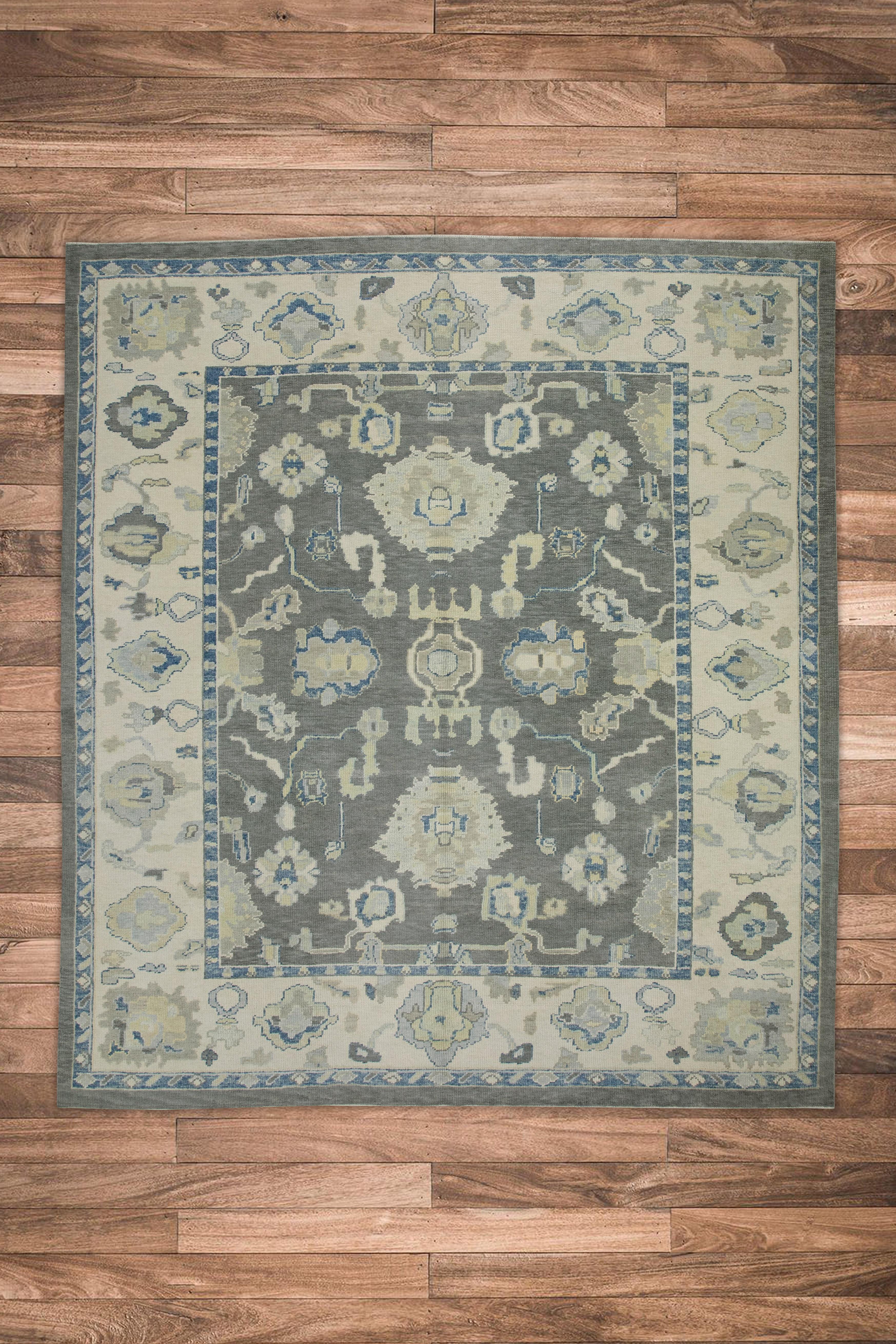 Lana Tappeto turco Oushak Grigio e blu con disegno floreale, tessuto a mano, in lana 8'1