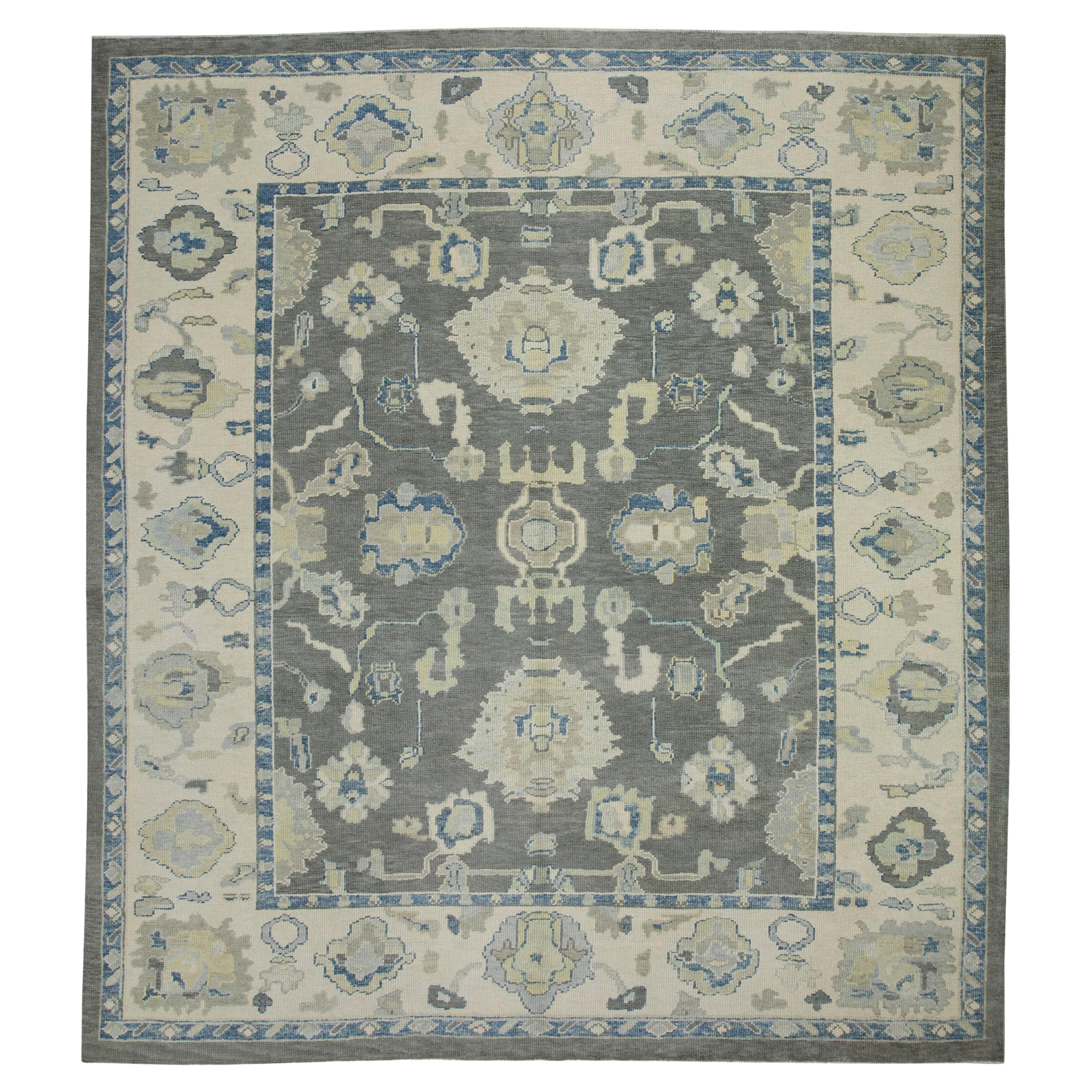 Alfombra turca Oushak Alfombra de lana tejida a mano con diseño floral gris y azul 8'1" x 9'2