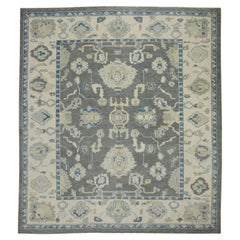 Alfombra turca Oushak Alfombra de lana tejida a mano con diseño floral gris y azul 8'1" x 9'2