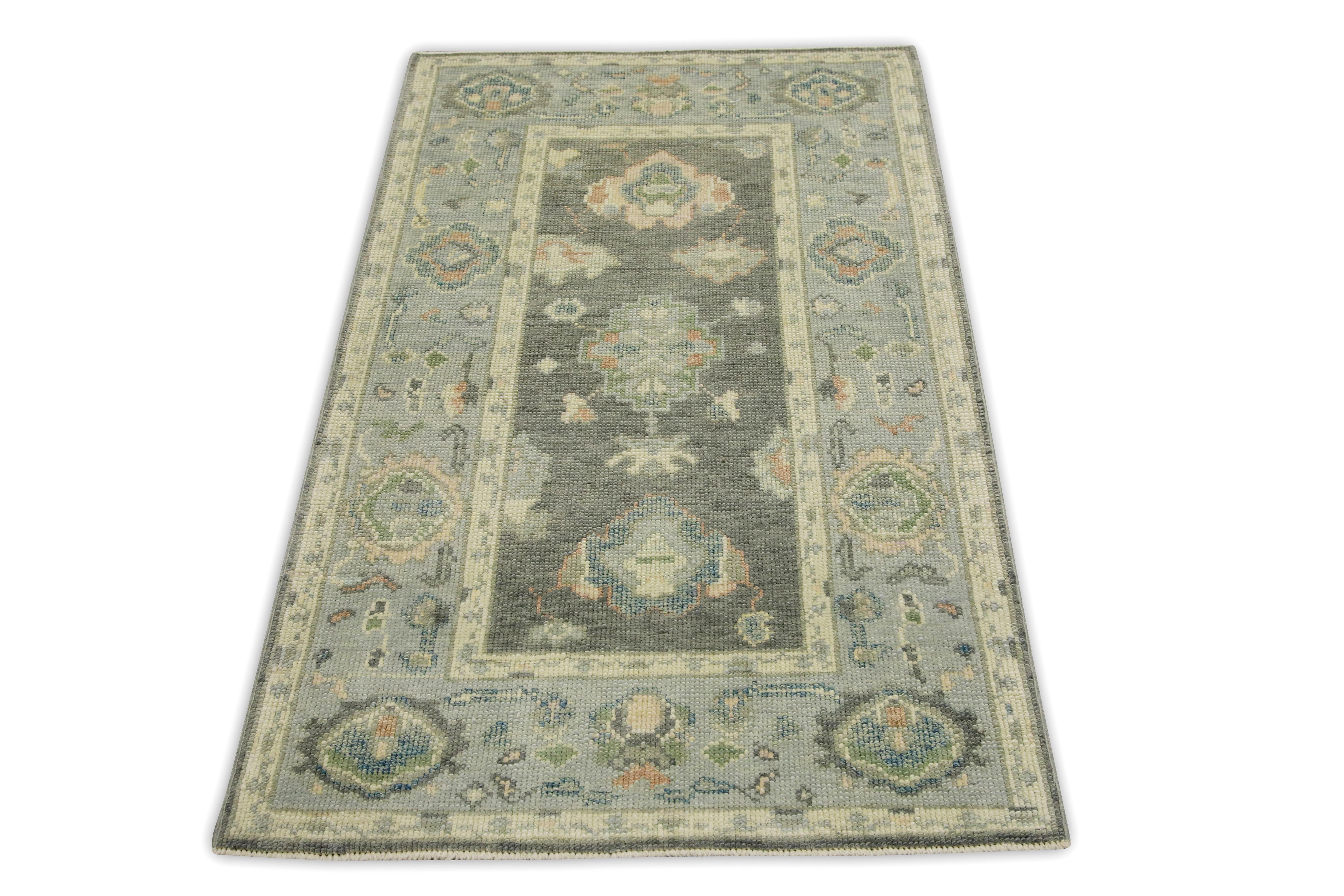 Contemporary Turkish Oushak Rug Gray & Blue Handwoven Wool Rug 3' x 4'10