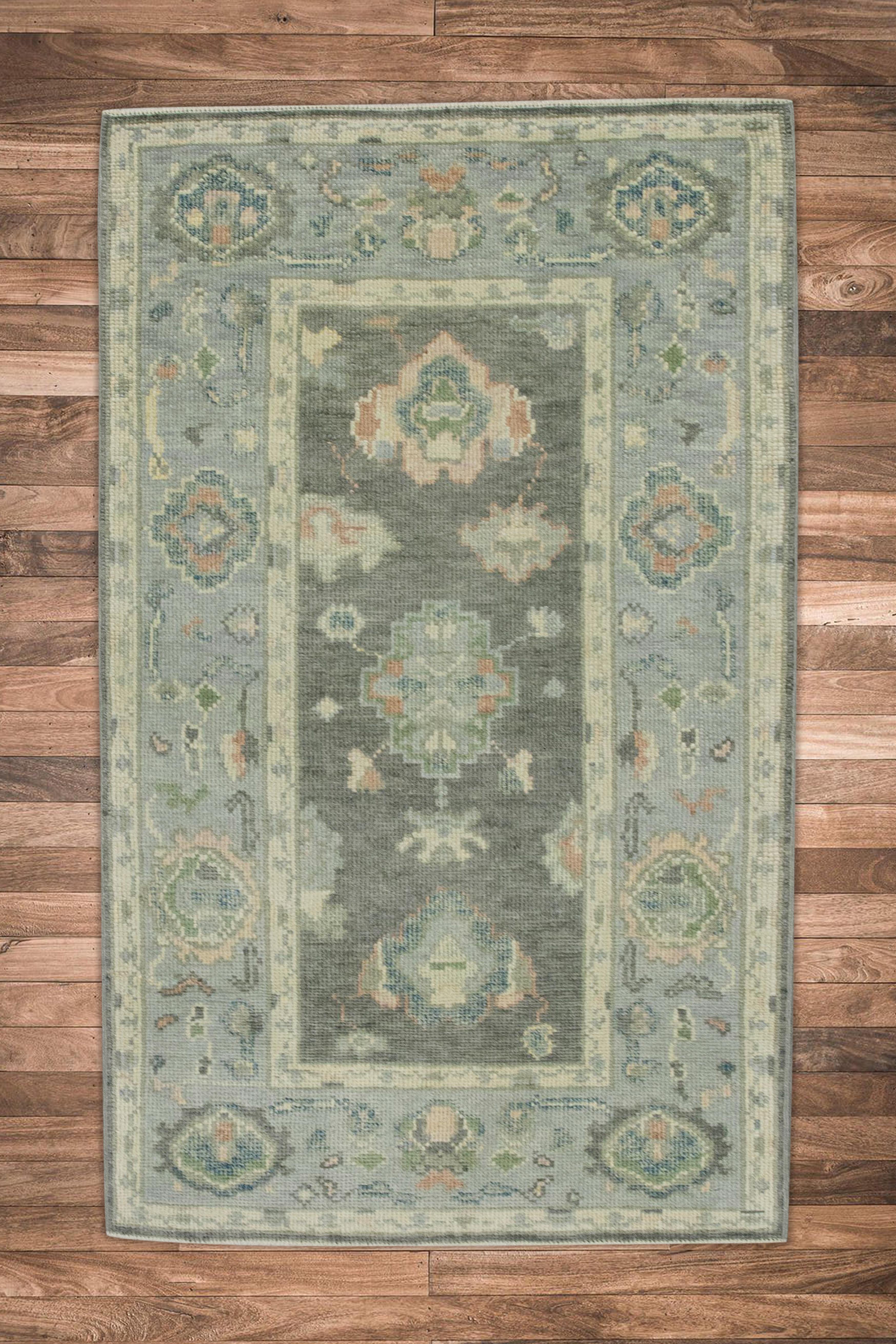 Turkish Oushak Rug Gray & Blue Handwoven Wool Rug 3' x 4'10
