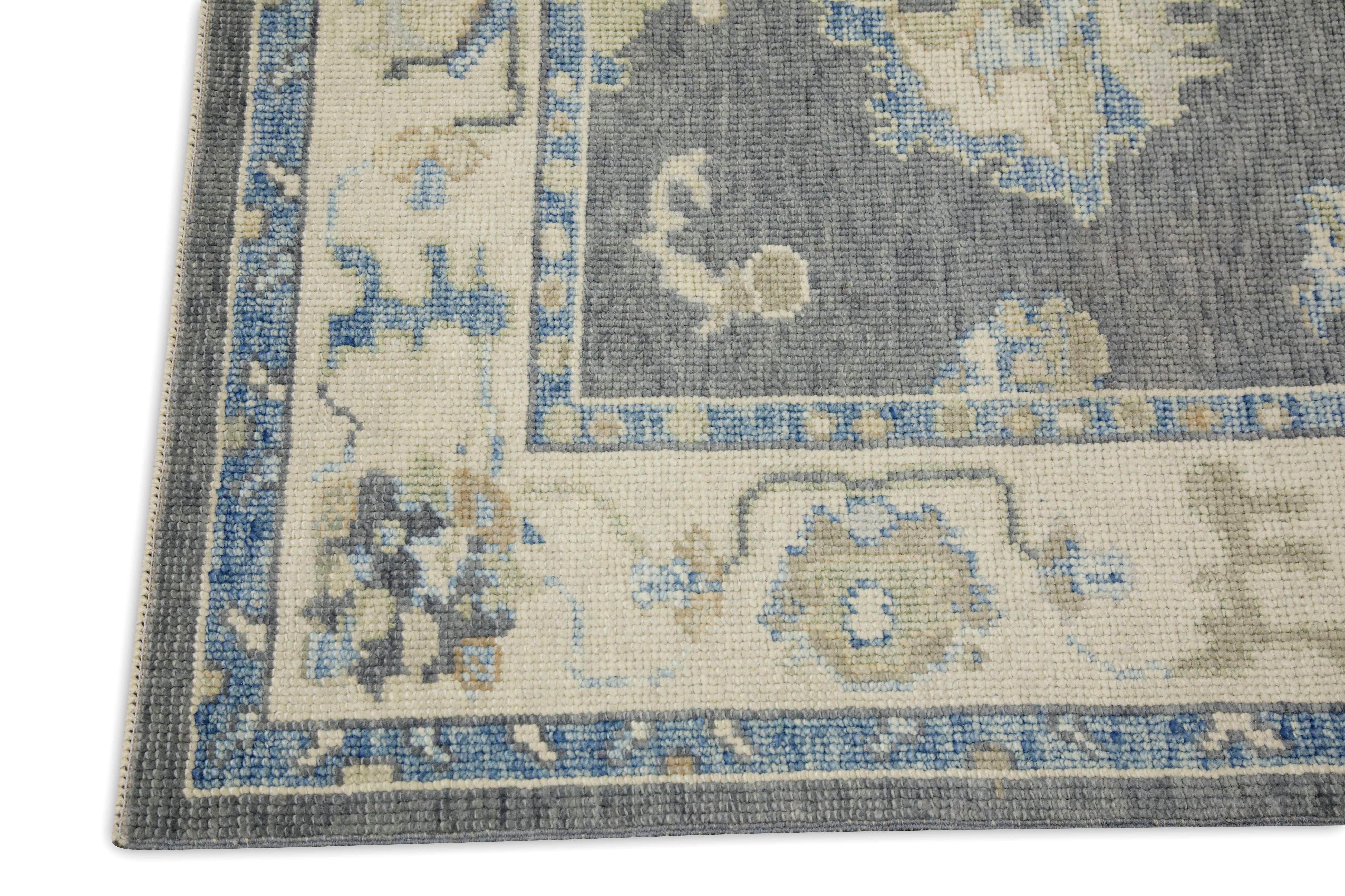 Tintura vegetale Tappeto Oushak Turco Grigio e Blu Tessuto a mano in Lana 3'11