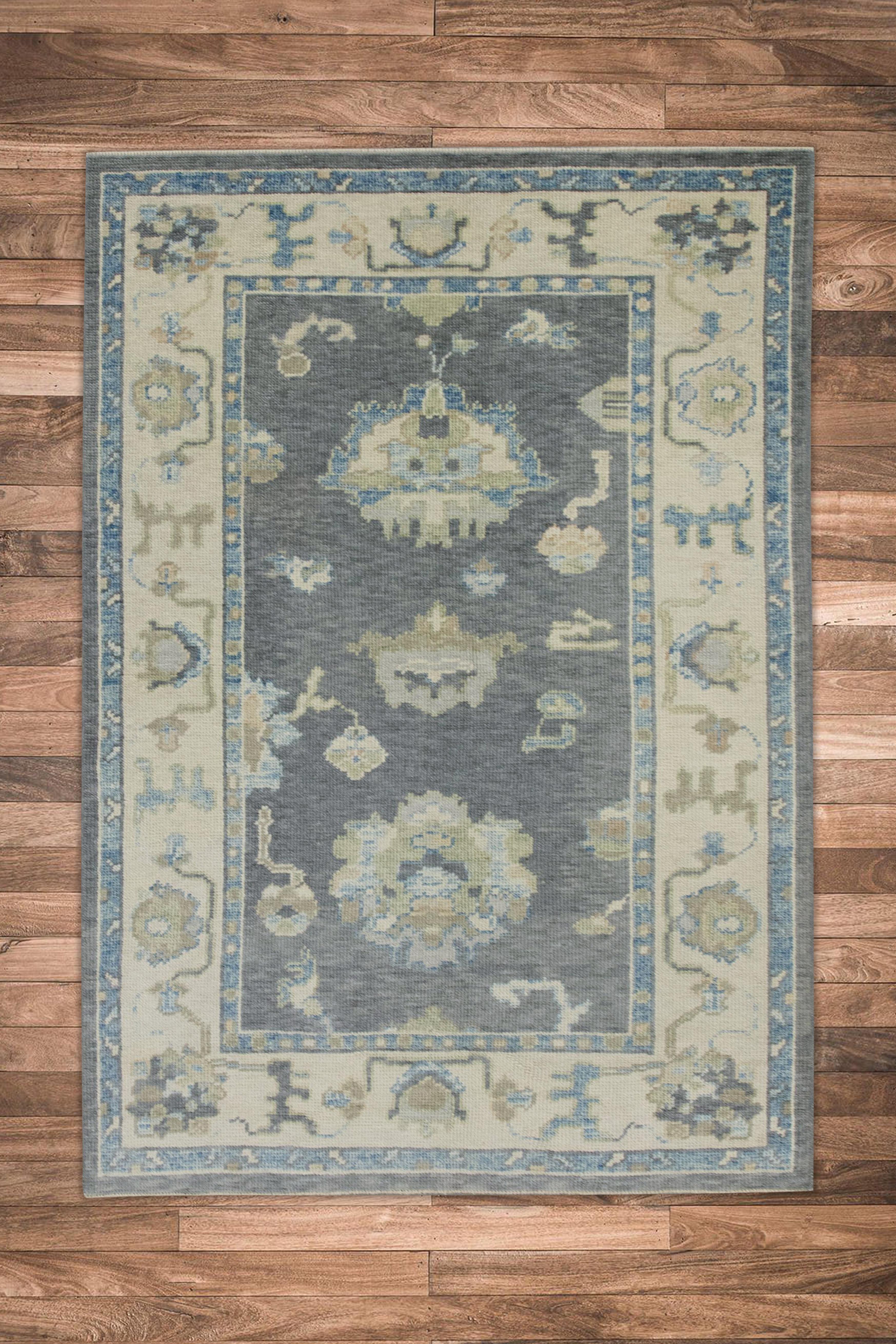 Tappeto Oushak Turco Grigio e Blu Tessuto a mano in Lana 3'11