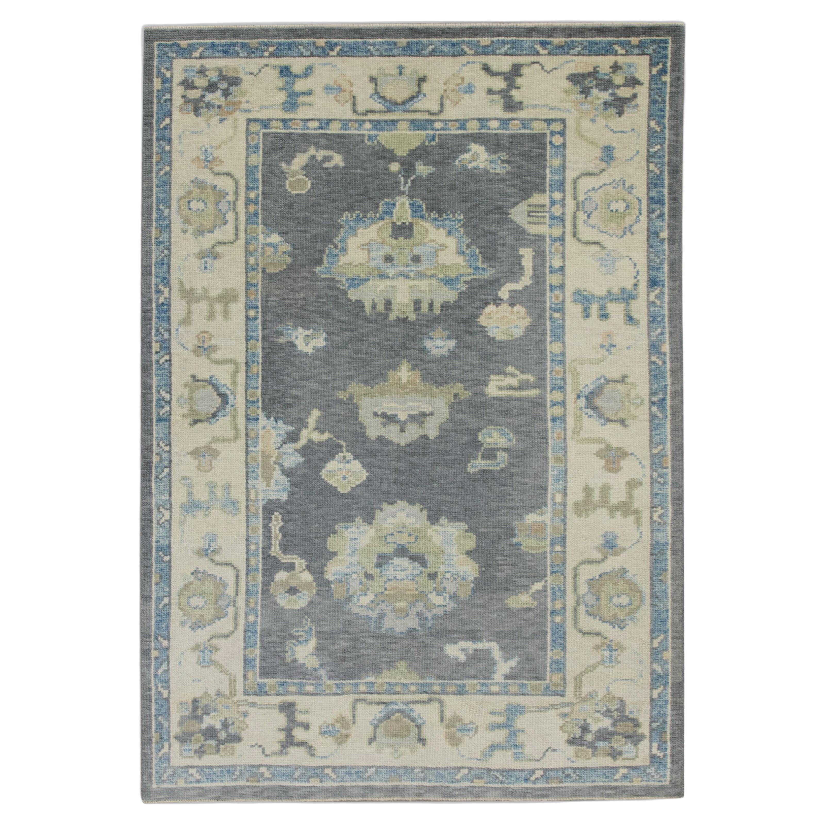 Turkish Oushak Rug Gray & Blue Handwoven Wool Rug 3'11" x 6'