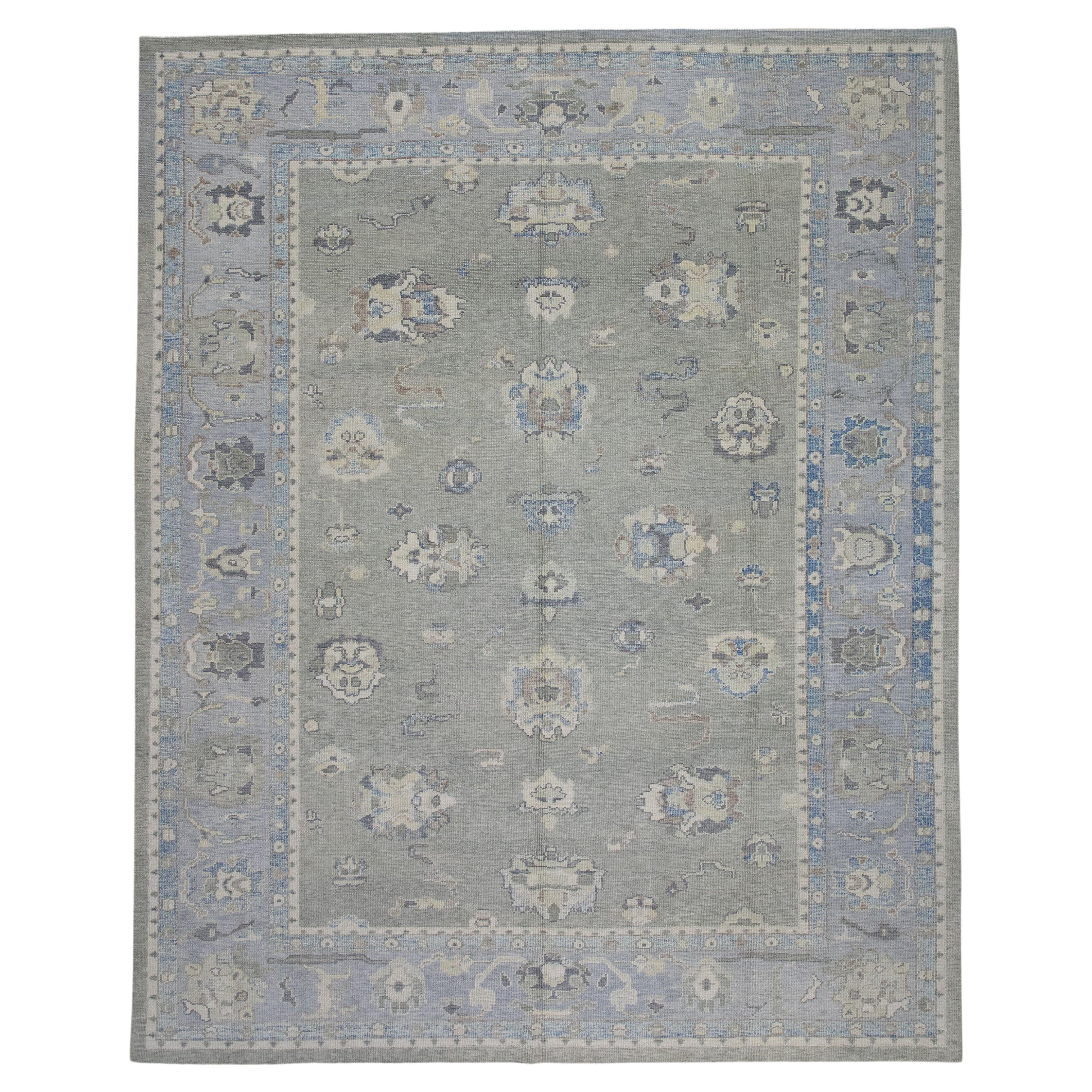 Tappeto turco Oushak Grigio Blu Tessuto a mano in lana 8'10" x 11'10" in vendita