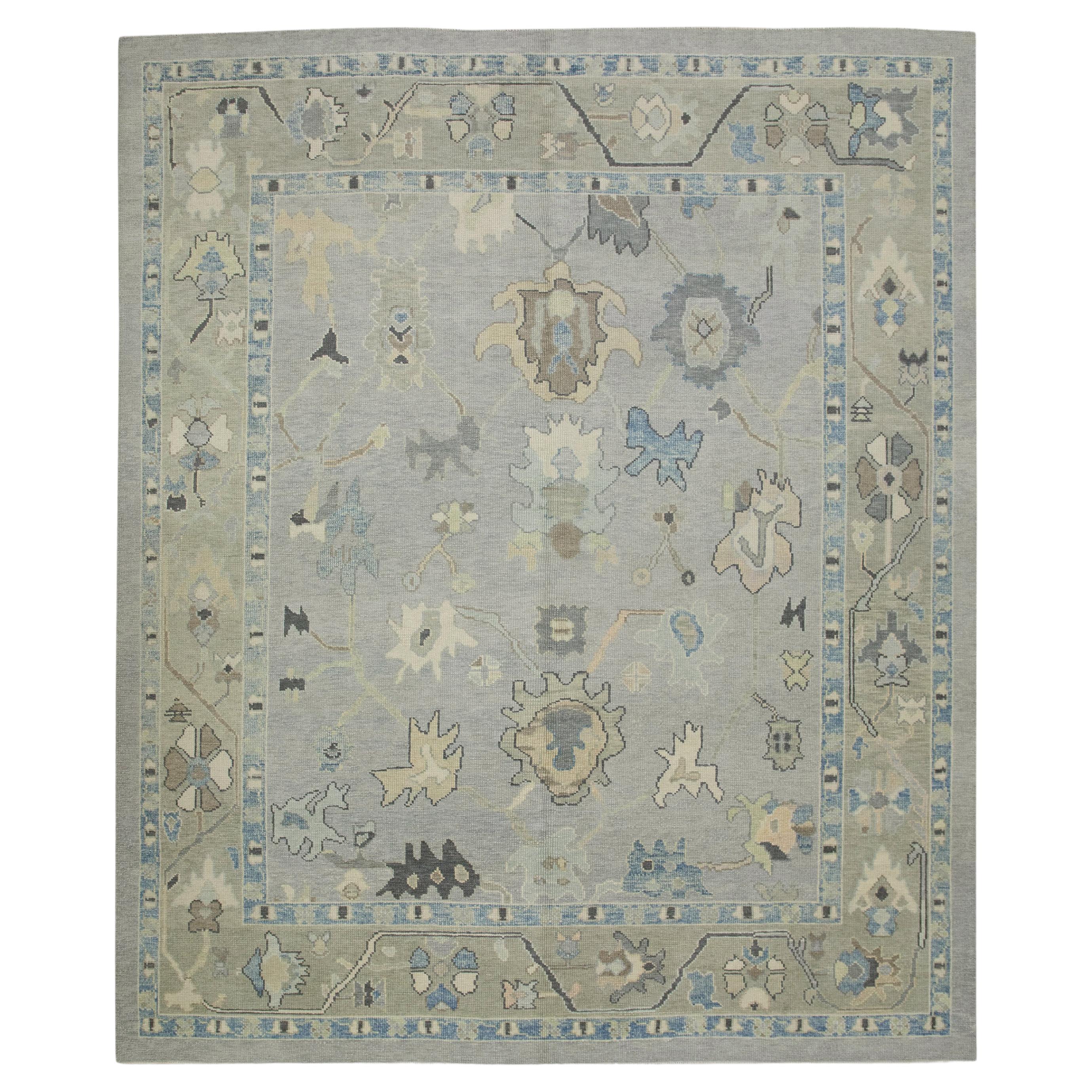 Tappeto turco Oushak Grigio e blu Tessuto a mano in lana 8'2" x 9'8" in vendita