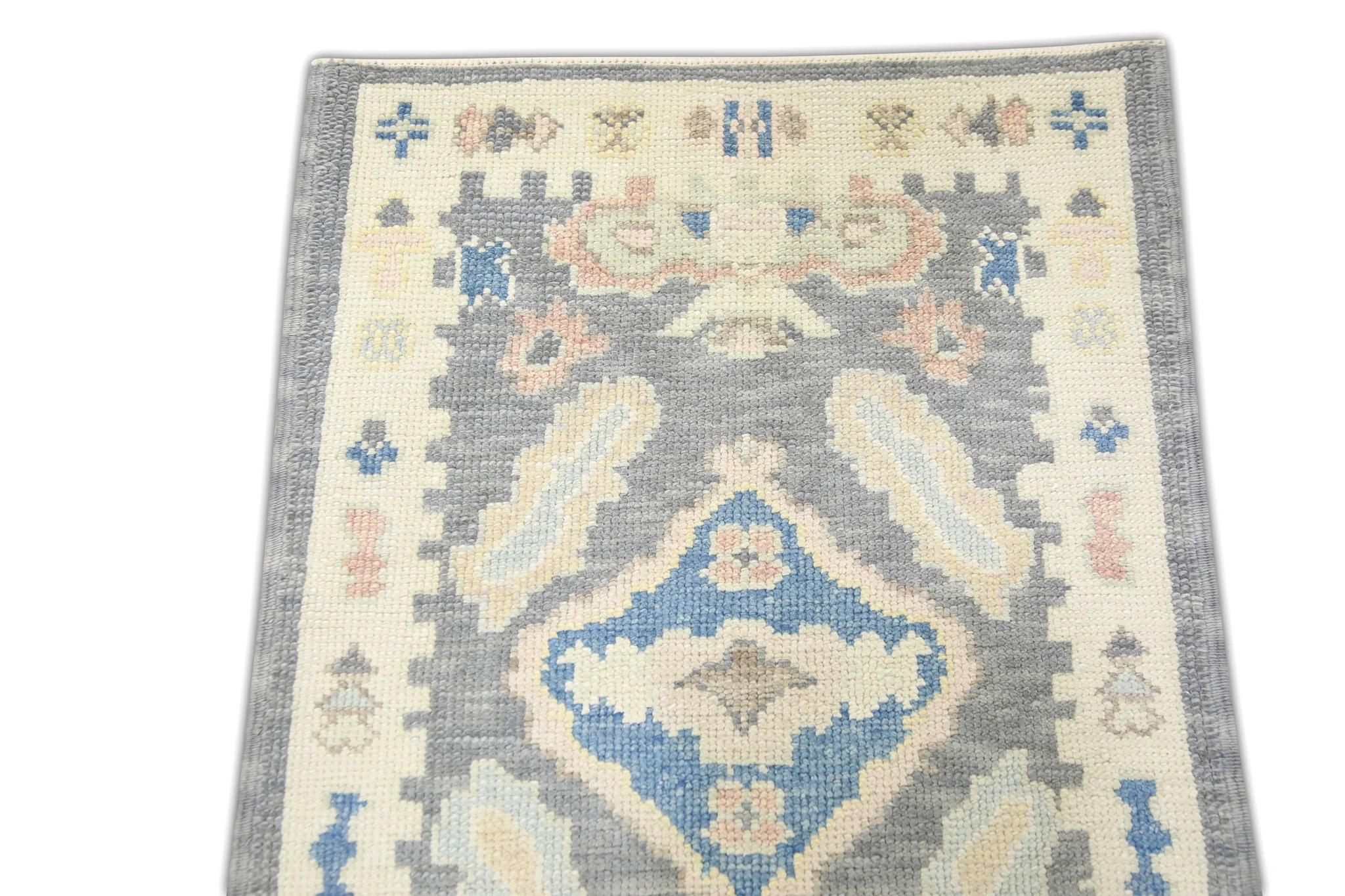 Alfombra turca Oushak Medallón gris y azul Alfombra de lana tejida a mano 2'2