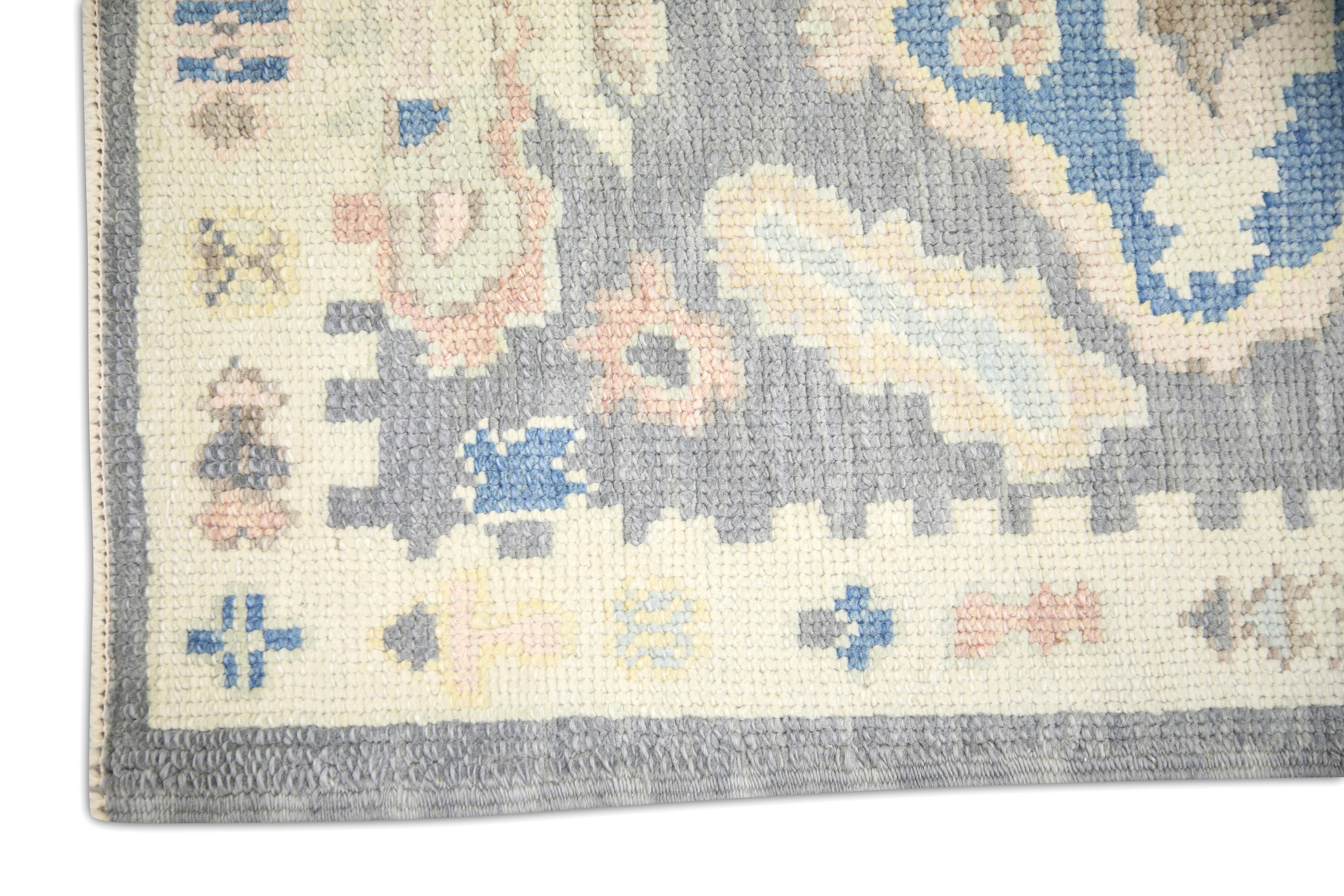 Alfombra turca Oushak Medallón gris y azul Alfombra de lana tejida a mano 2'2