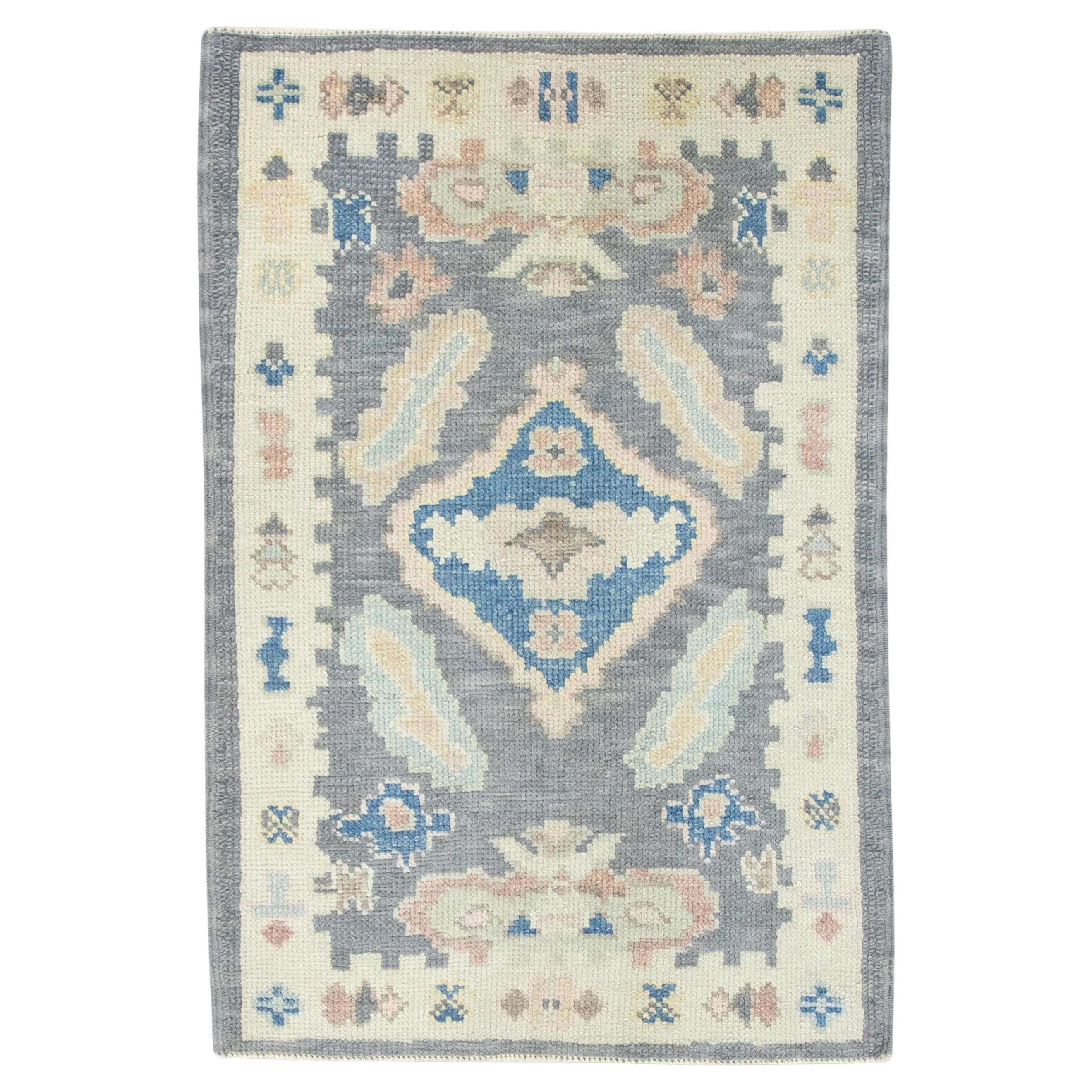 Turkish Oushak Rug Gray & Blue Medallion Handwoven Wool Rug 2'2" x 3'4"