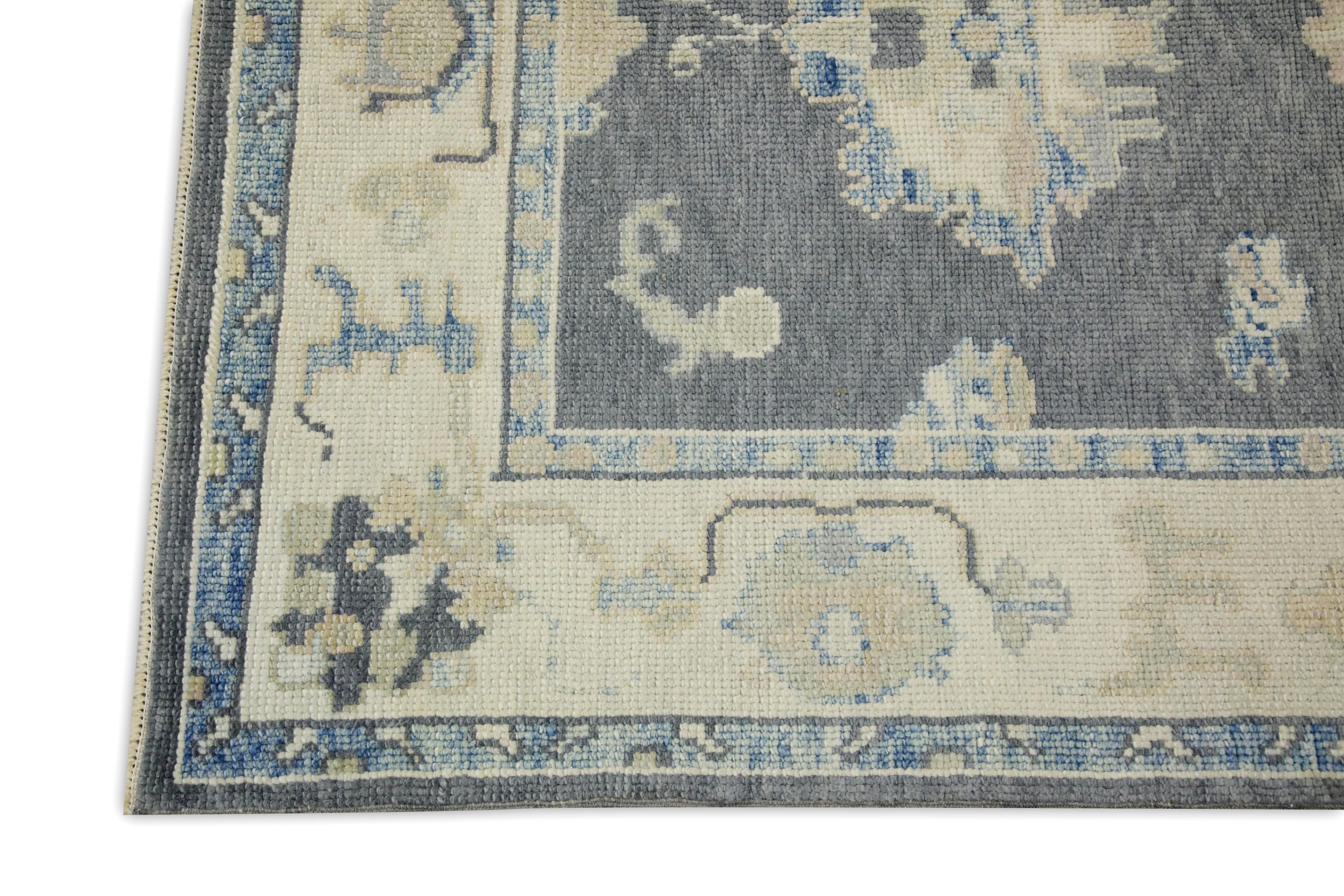 Alfombra turca Oushak Alfombra de lana tejida a mano con diseño floral gris 3'10