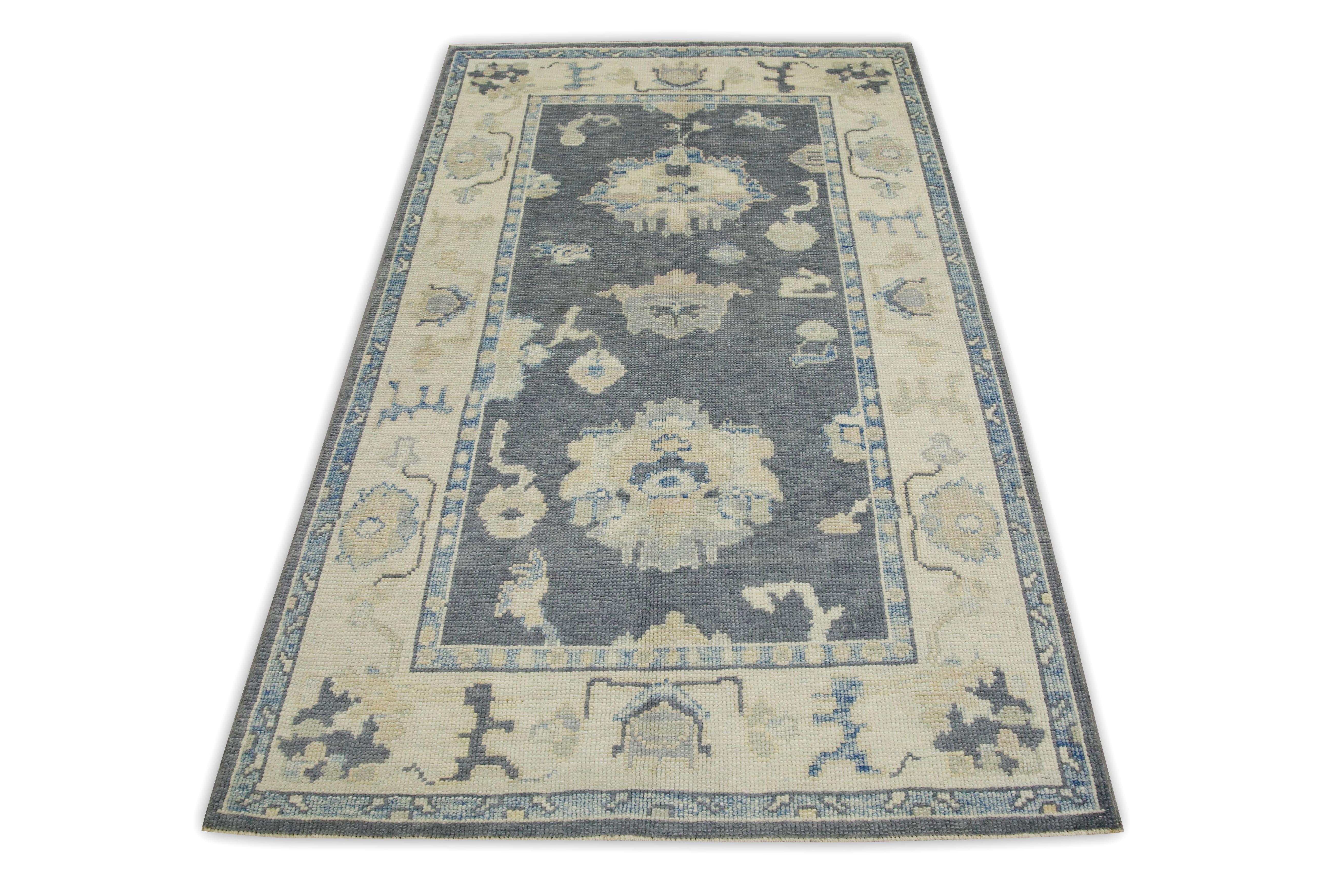 Alfombra turca Oushak Alfombra de lana tejida a mano con diseño floral gris 3'10