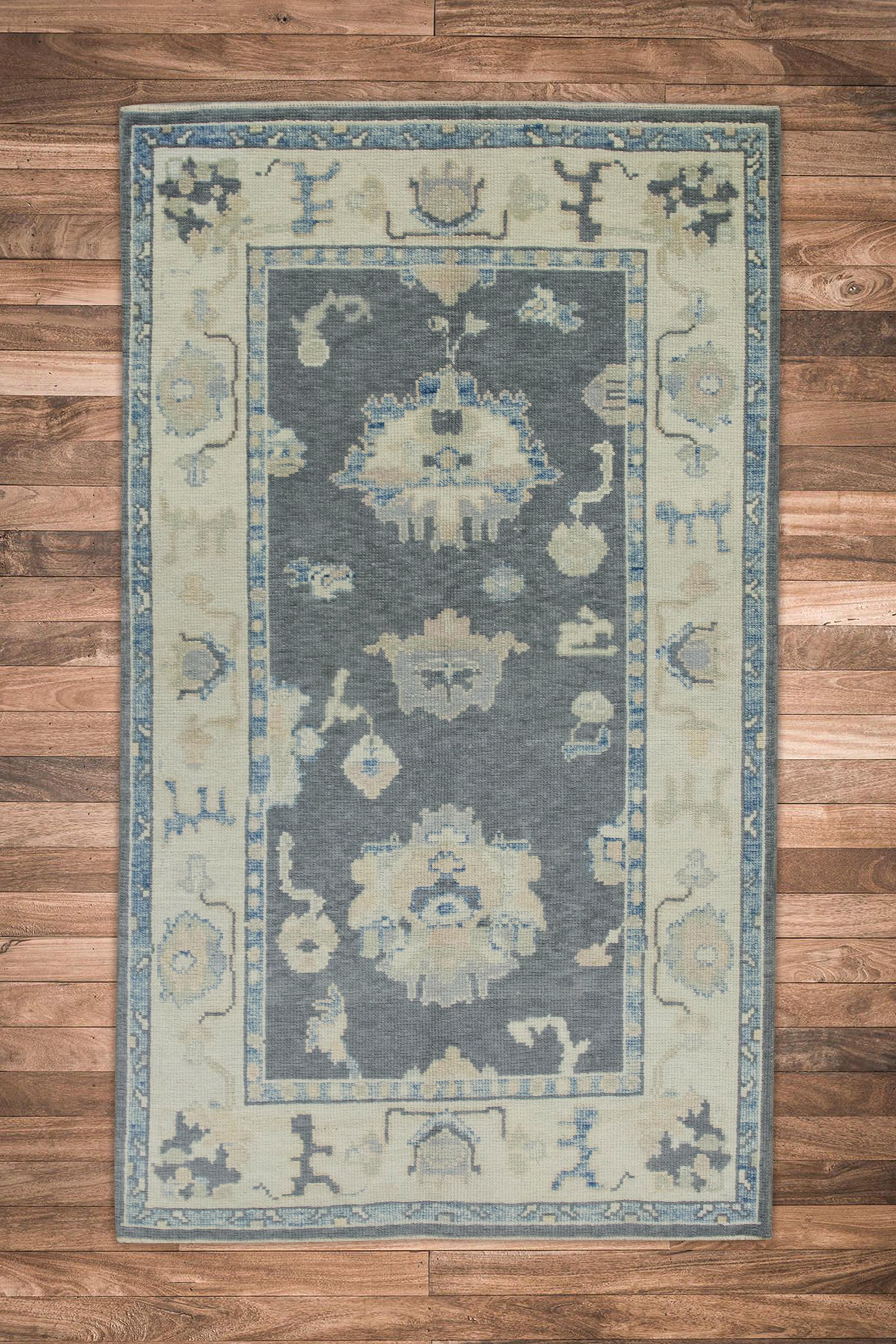 Alfombra turca Oushak Alfombra de lana tejida a mano con diseño floral gris 3'10