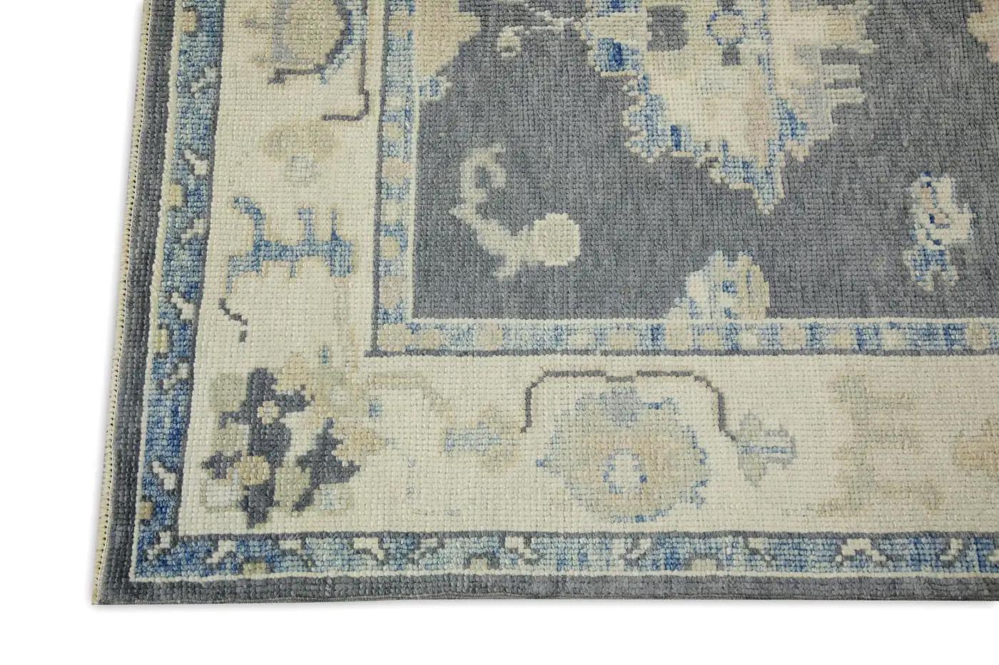 Alfombra turca Oushak Alfombra de lana tejida a mano con diseño floral gris 3'10