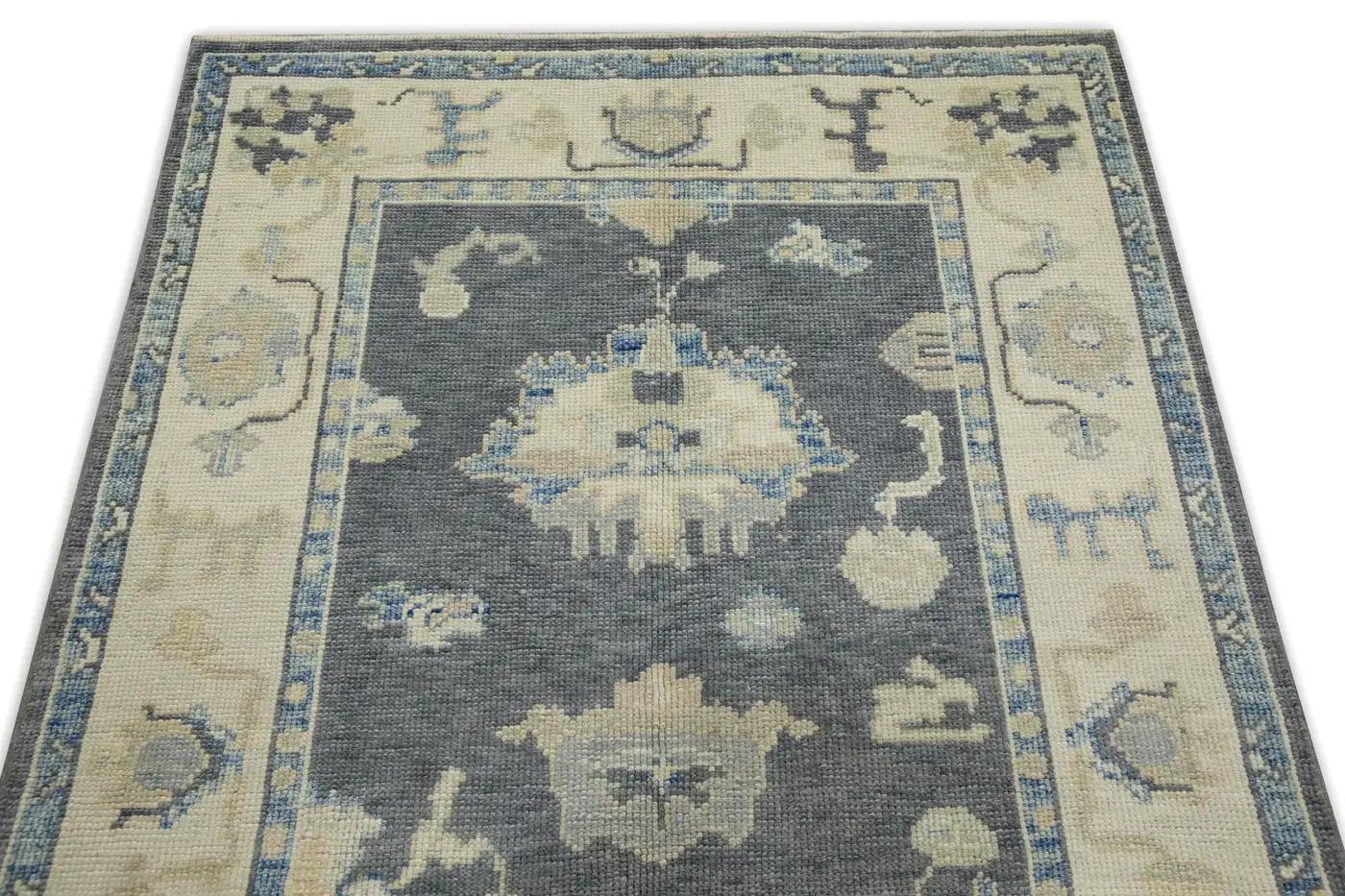 Alfombra turca Oushak Alfombra de lana tejida a mano con diseño floral gris 3'10