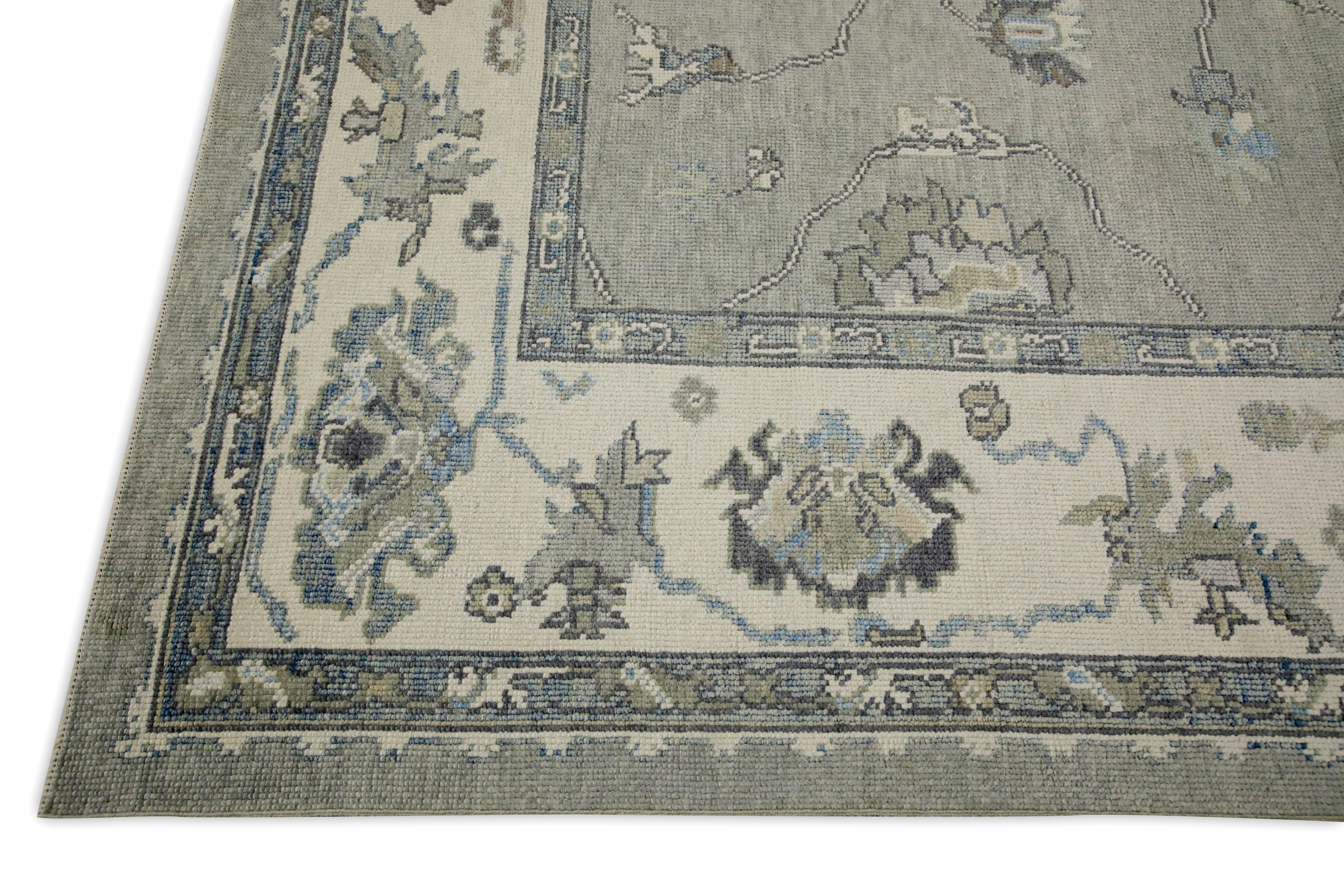 Türkischer Oushak Teppich Grau Floral Design Handgewebter Wollteppich 8'11