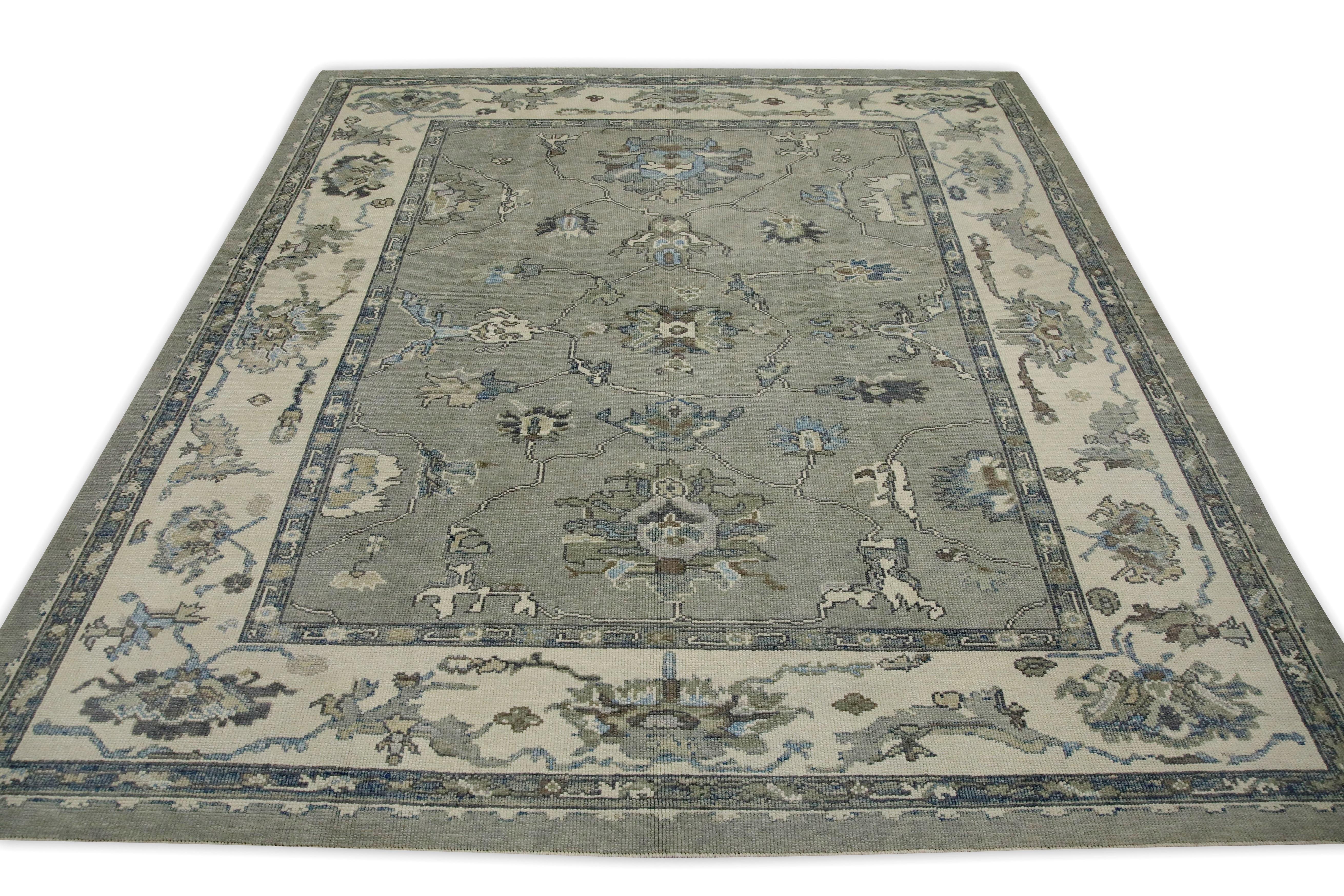 Türkischer Oushak Teppich Grau Floral Design Handgewebter Wollteppich 8'11