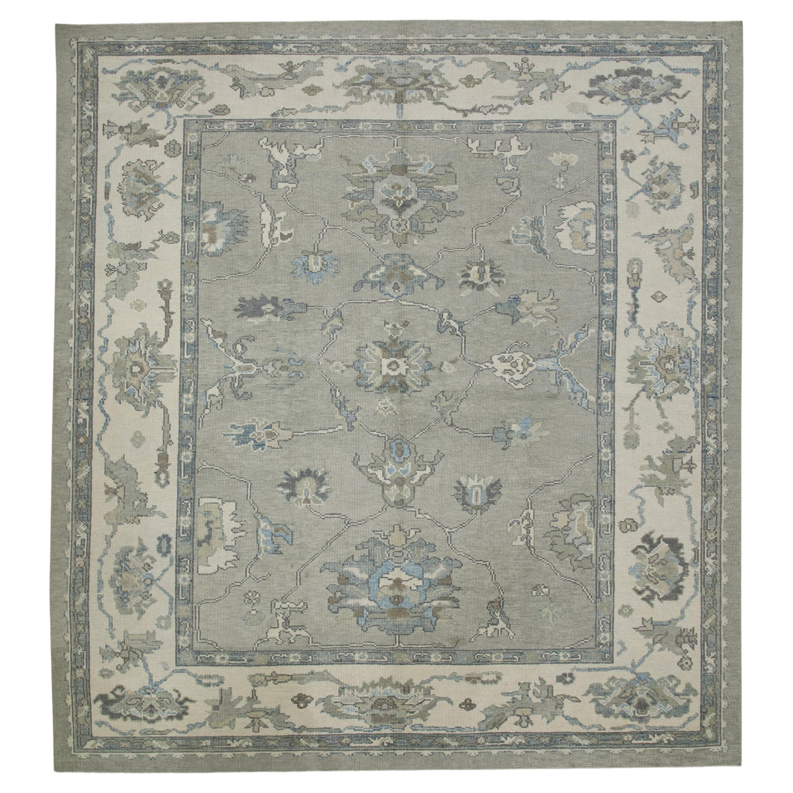 Türkischer Oushak Teppich Grau Floral Design Handgewebter Wollteppich 8'11" x 9'9"