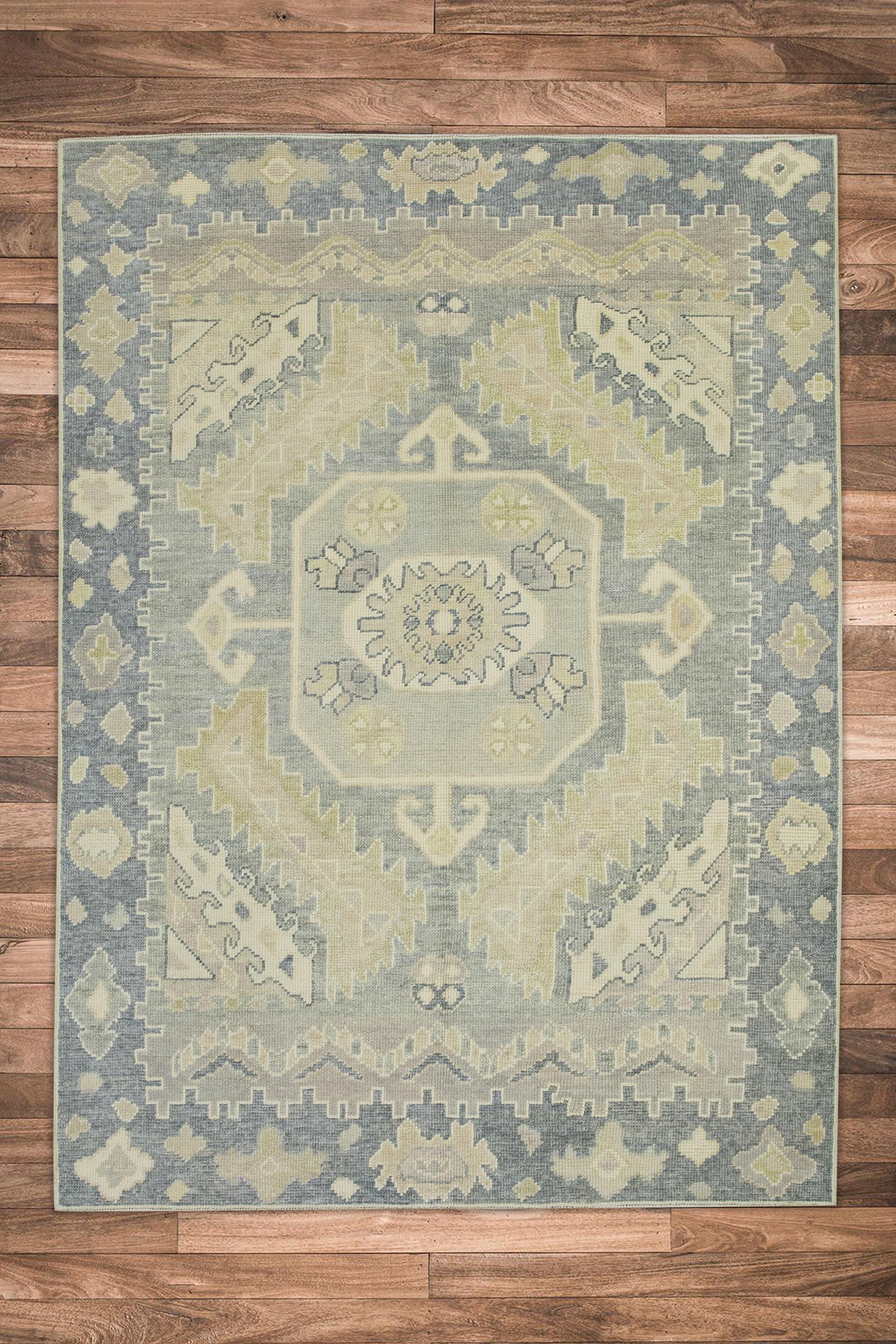 Tapis turc Oushak Gris Vert Ivoire Tapis de laine tissé à la main 4'9