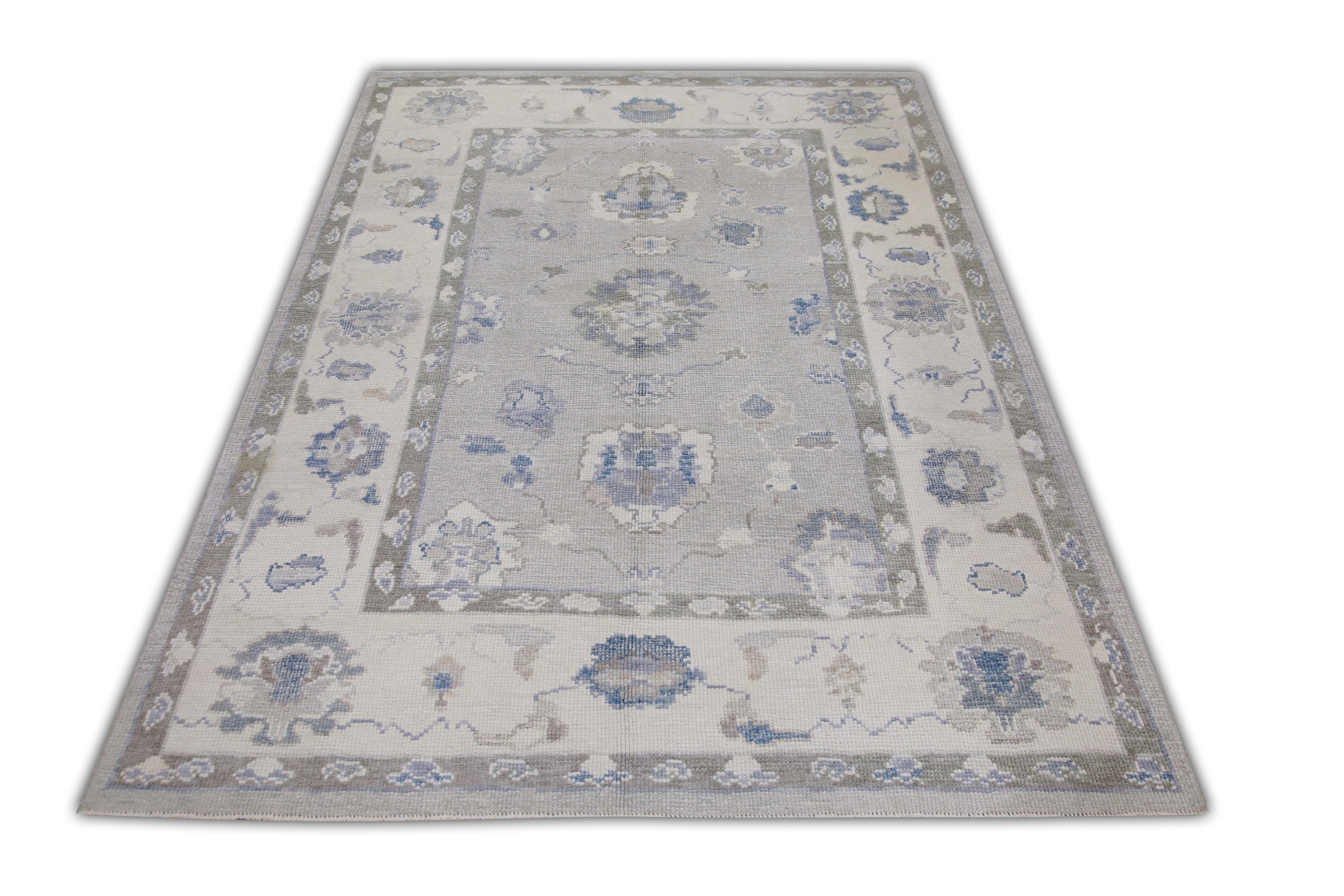 Türkischer Oushak Teppich Grau Himmelblau Handgewebter Wollteppich 4'10