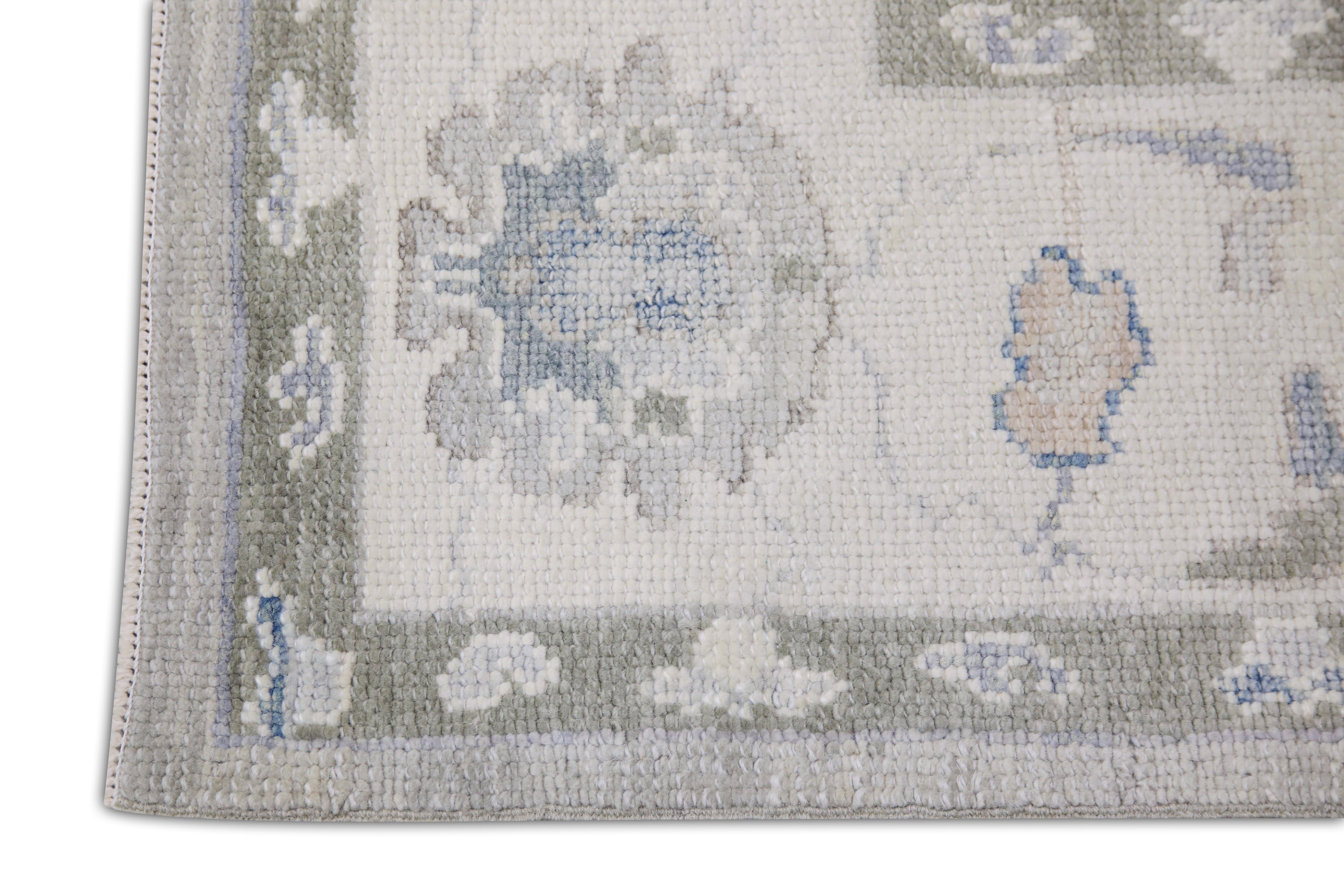 Türkischer Oushak Teppich Grau Himmelblau Handgewebter Wollteppich 4'10