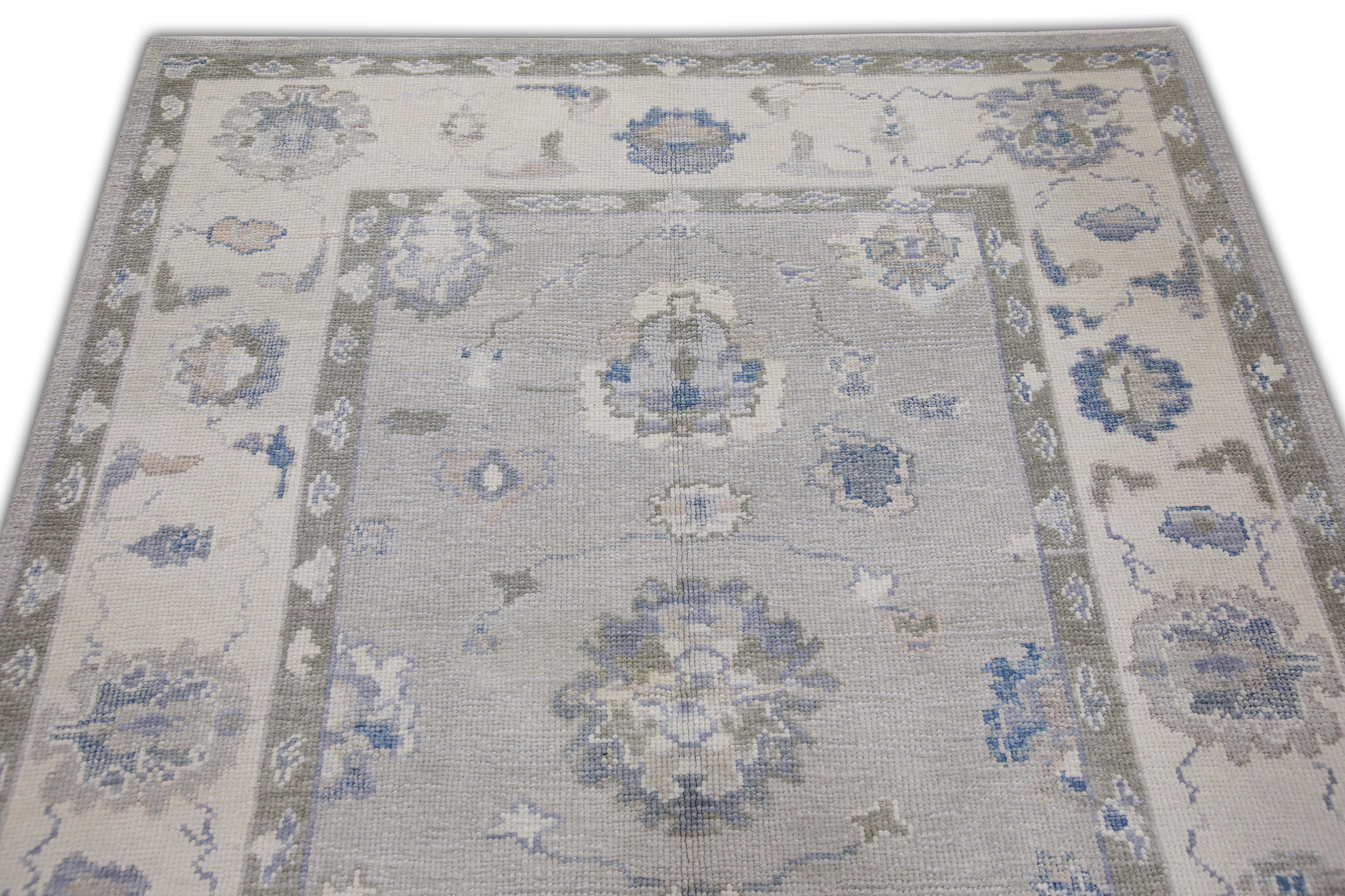 Türkischer Oushak Teppich Grau Himmelblau Handgewebter Wollteppich 4'10