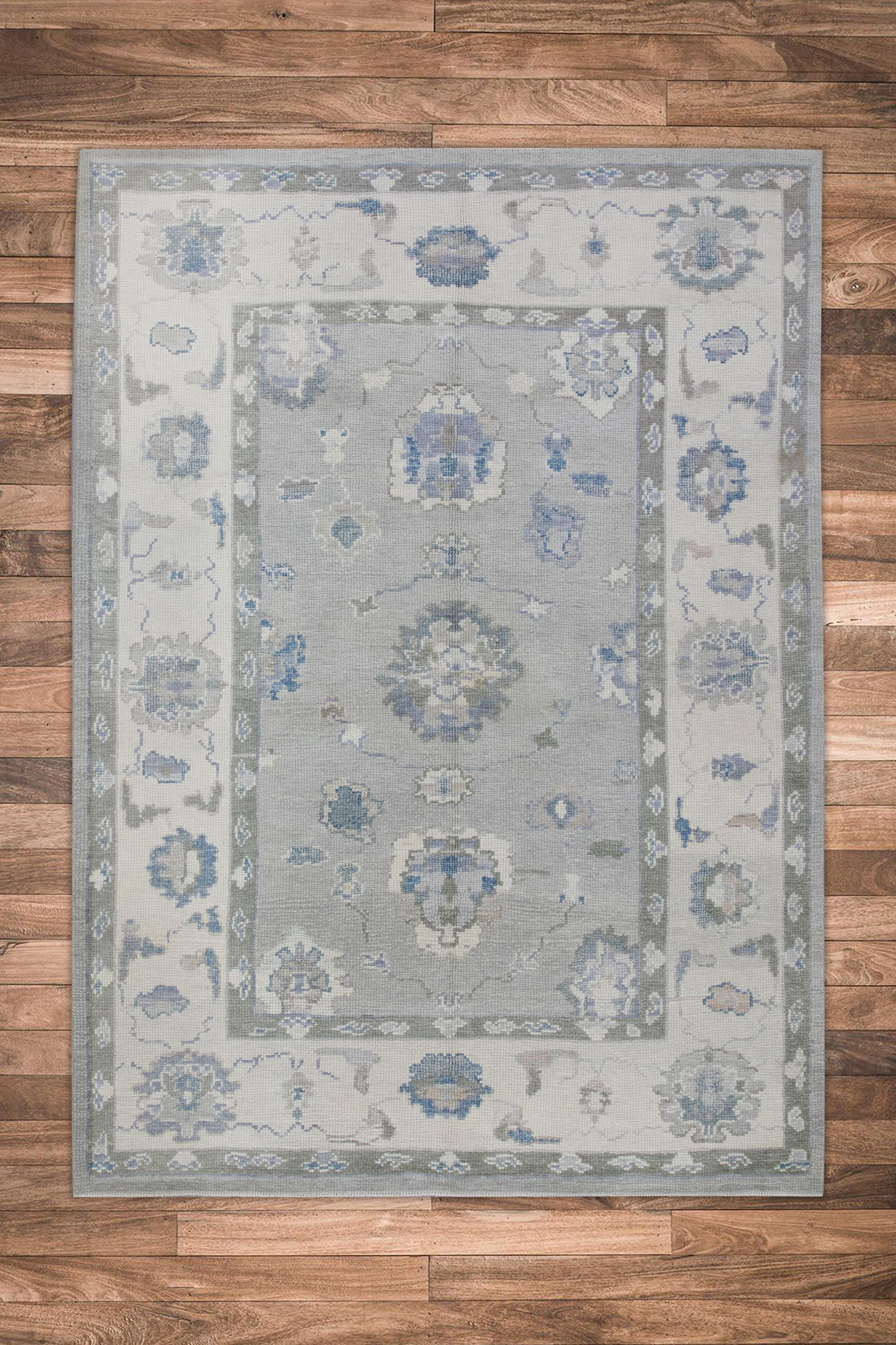 Türkischer Oushak Teppich Grau Himmelblau Handgewebter Wollteppich 4'10