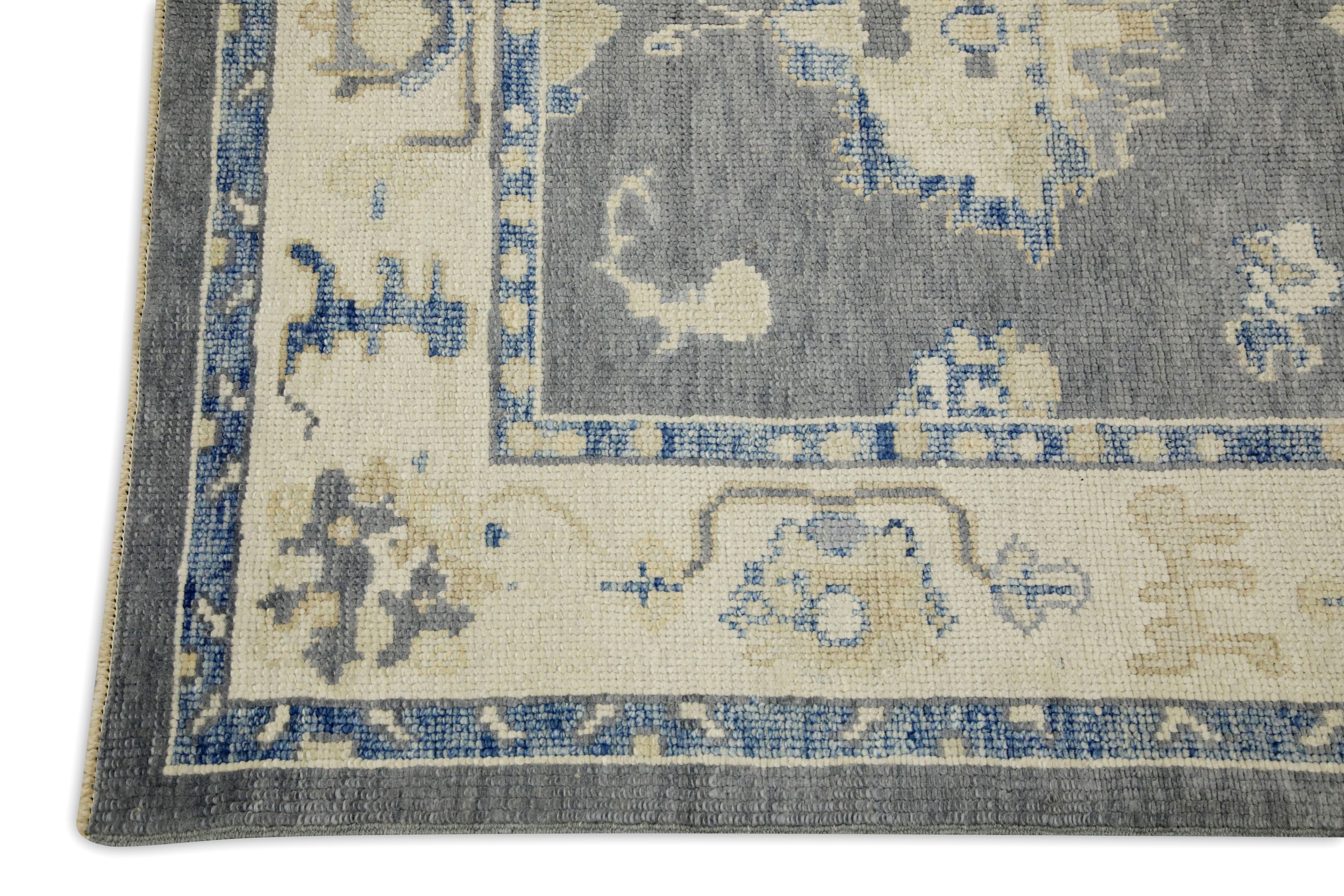 Vegetable Dyed Turkish Oushak Rug Gray & Soft Blue Handwoven Wool 3'10