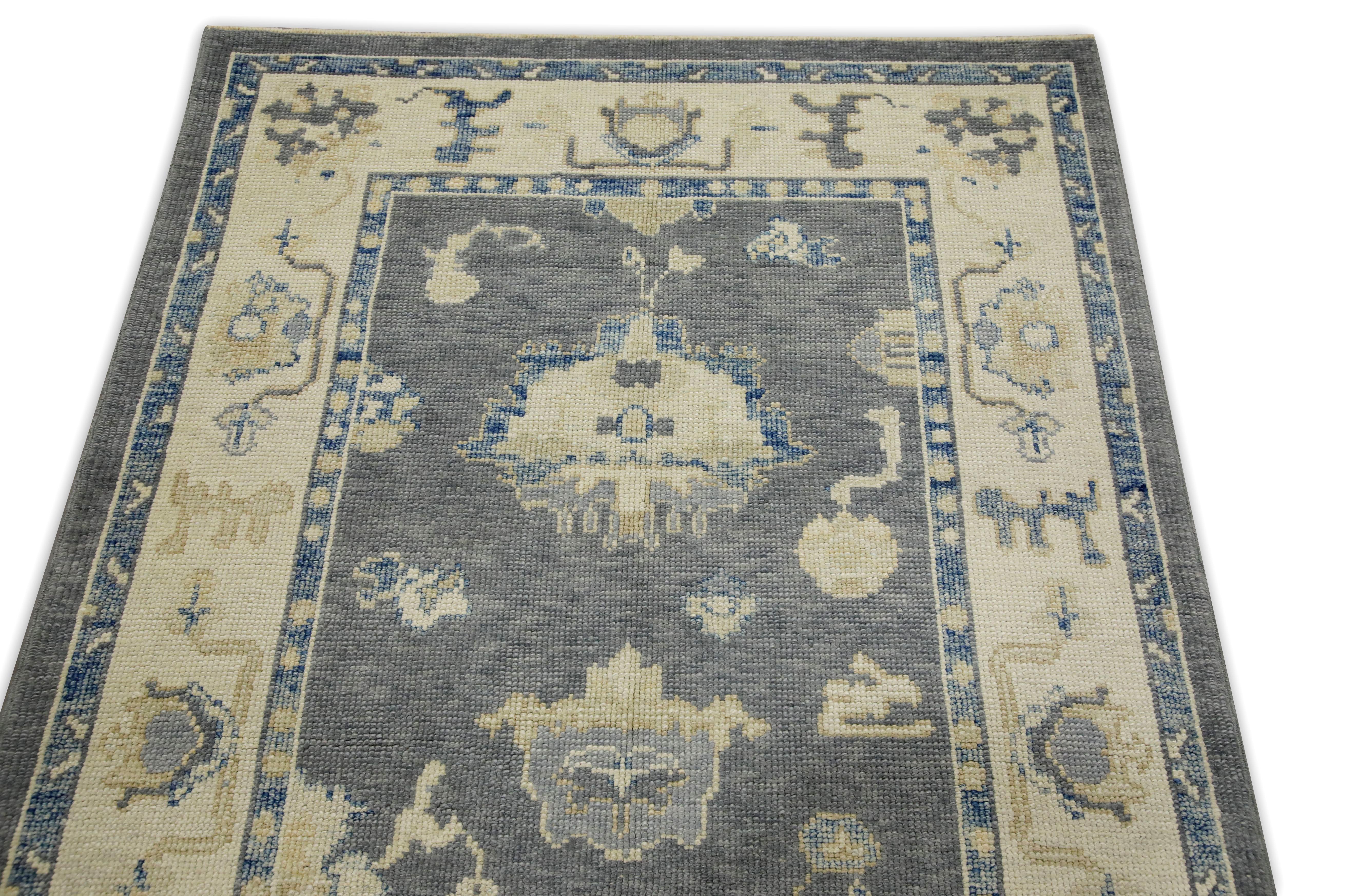 Turkish Oushak Rug Gray & Soft Blue Handwoven Wool 3'10