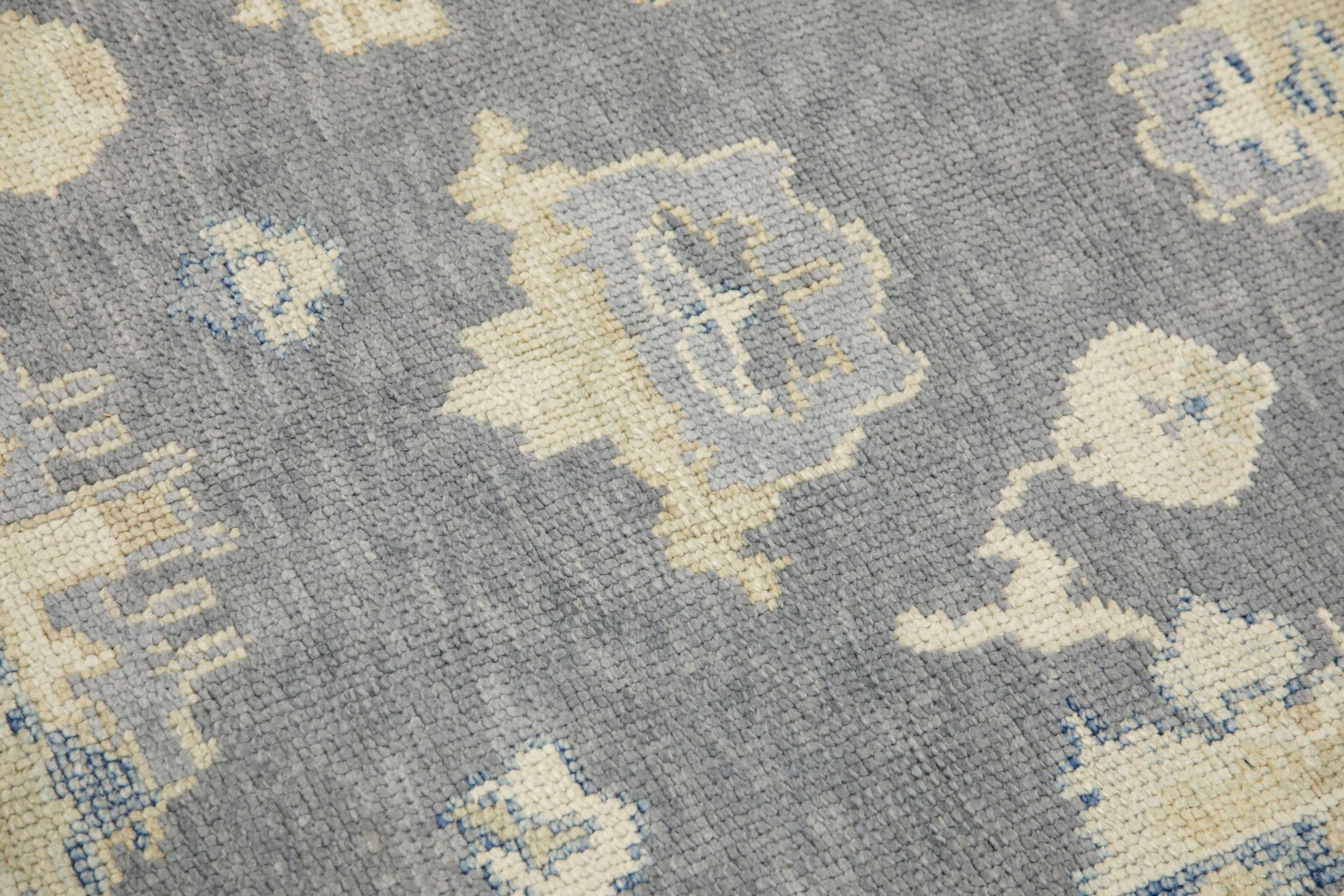 Turkish Oushak Rug Gray & Soft Blue Handwoven Wool 3'10