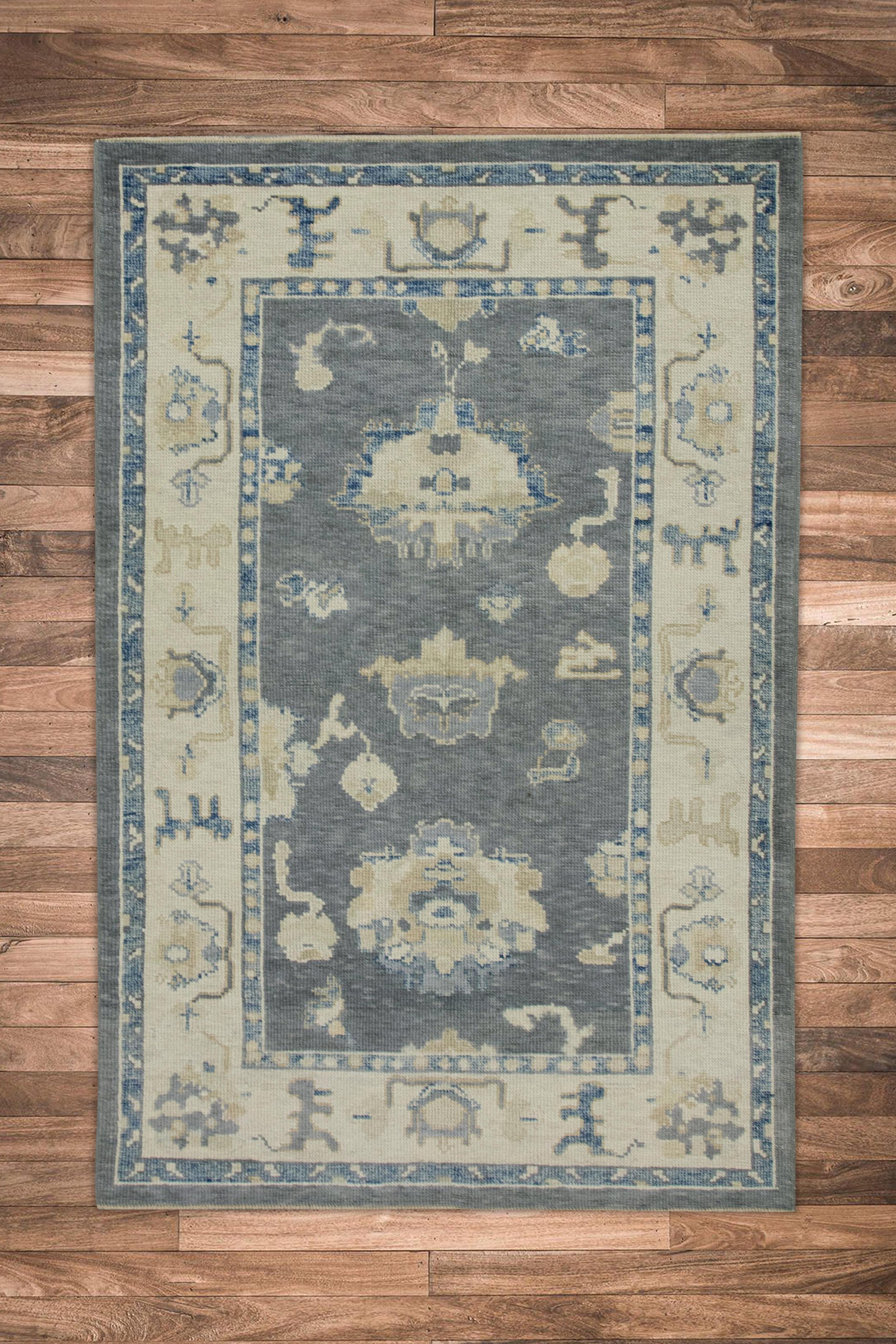 Turkish Oushak Rug Gray & Soft Blue Handwoven Wool 3'10