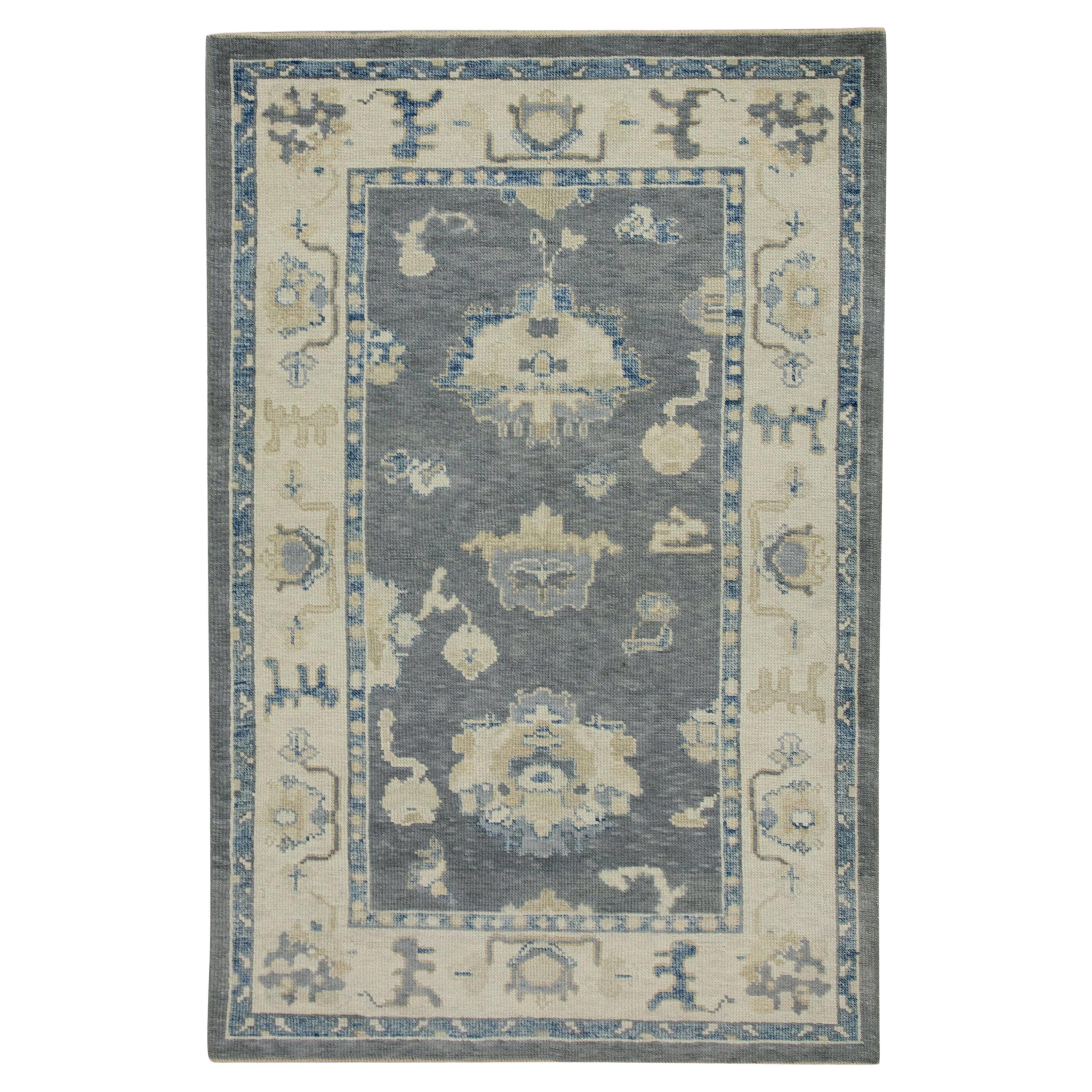 Turkish Oushak Rug Gray & Soft Blue Handwoven Wool 3'10" x 6'2"