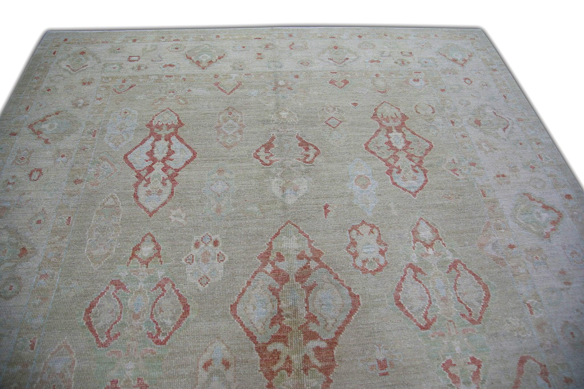 Teinture végétale Tapis turc Oushak Vert et rouge Tapis de laine tissé à la main 7'11