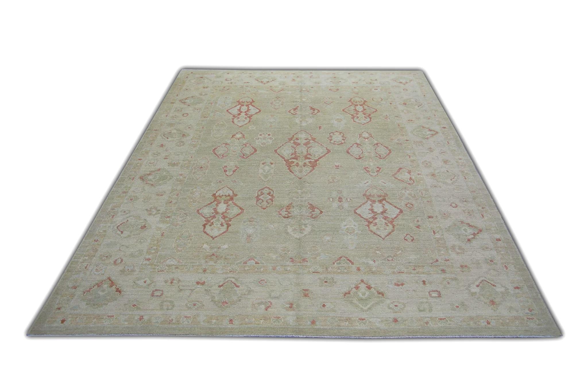 XXIe siècle et contemporain Tapis turc Oushak Vert et rouge Tapis de laine tissé à la main 7'11
