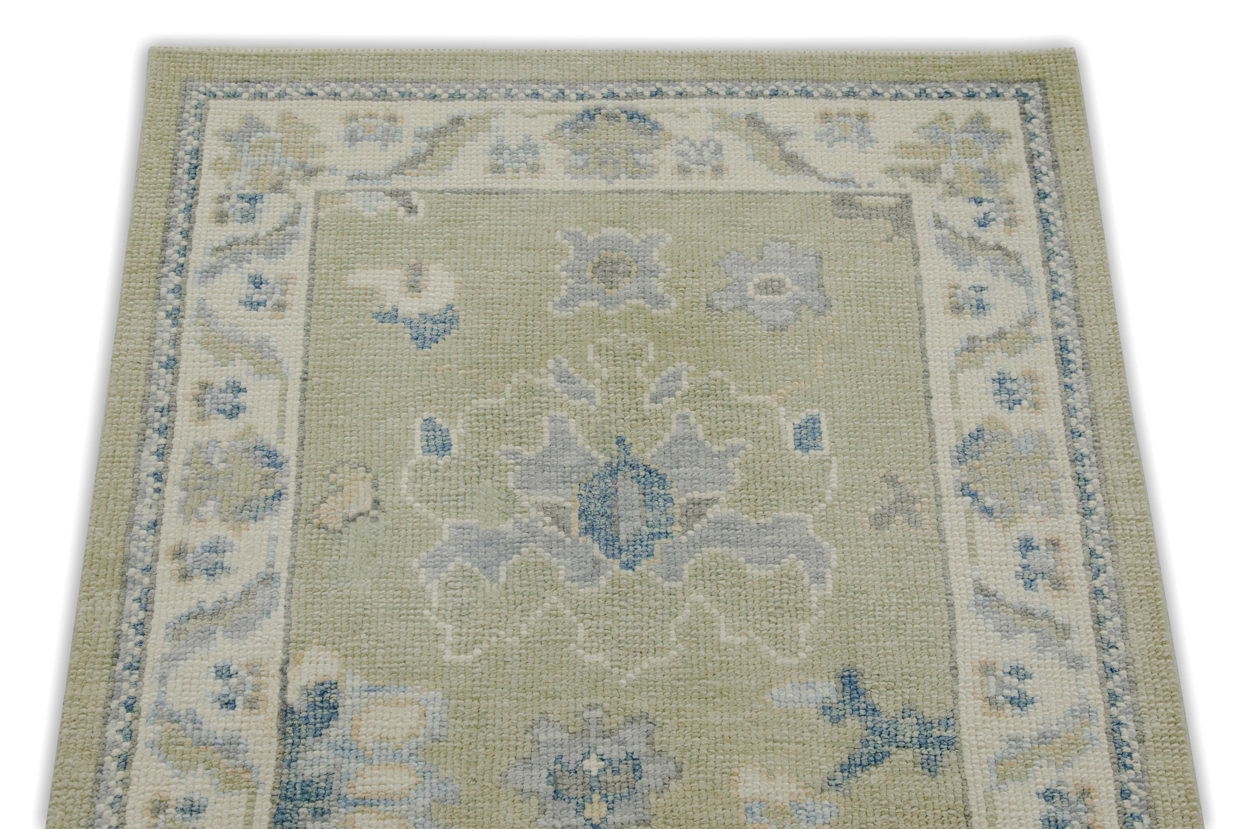 Turkish Oushak Rug Green & Blue Floral Handmade Wool Rug 2'11
