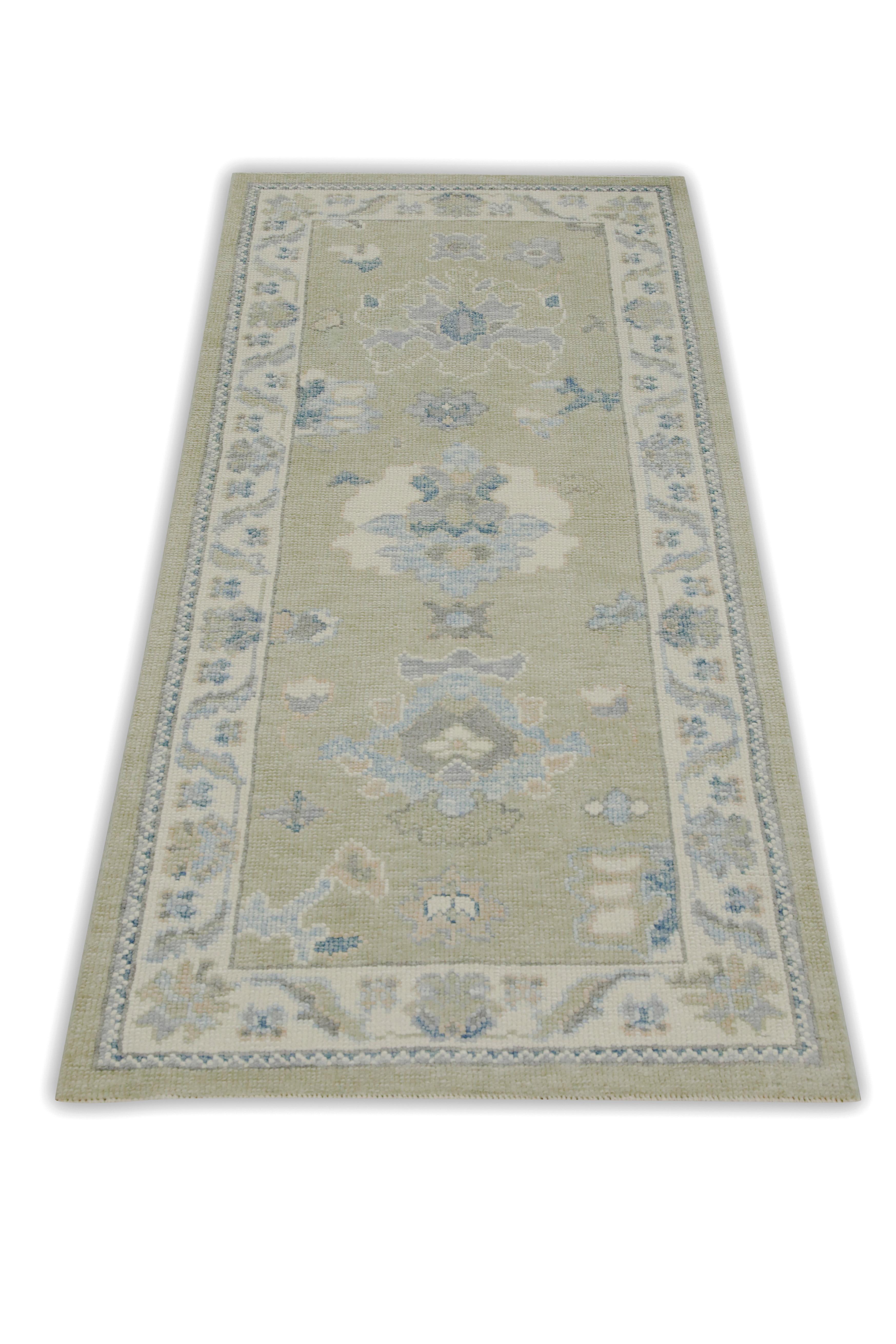 Contemporary Turkish Oushak Rug Green & Blue Floral Handmade Wool Rug 2'11