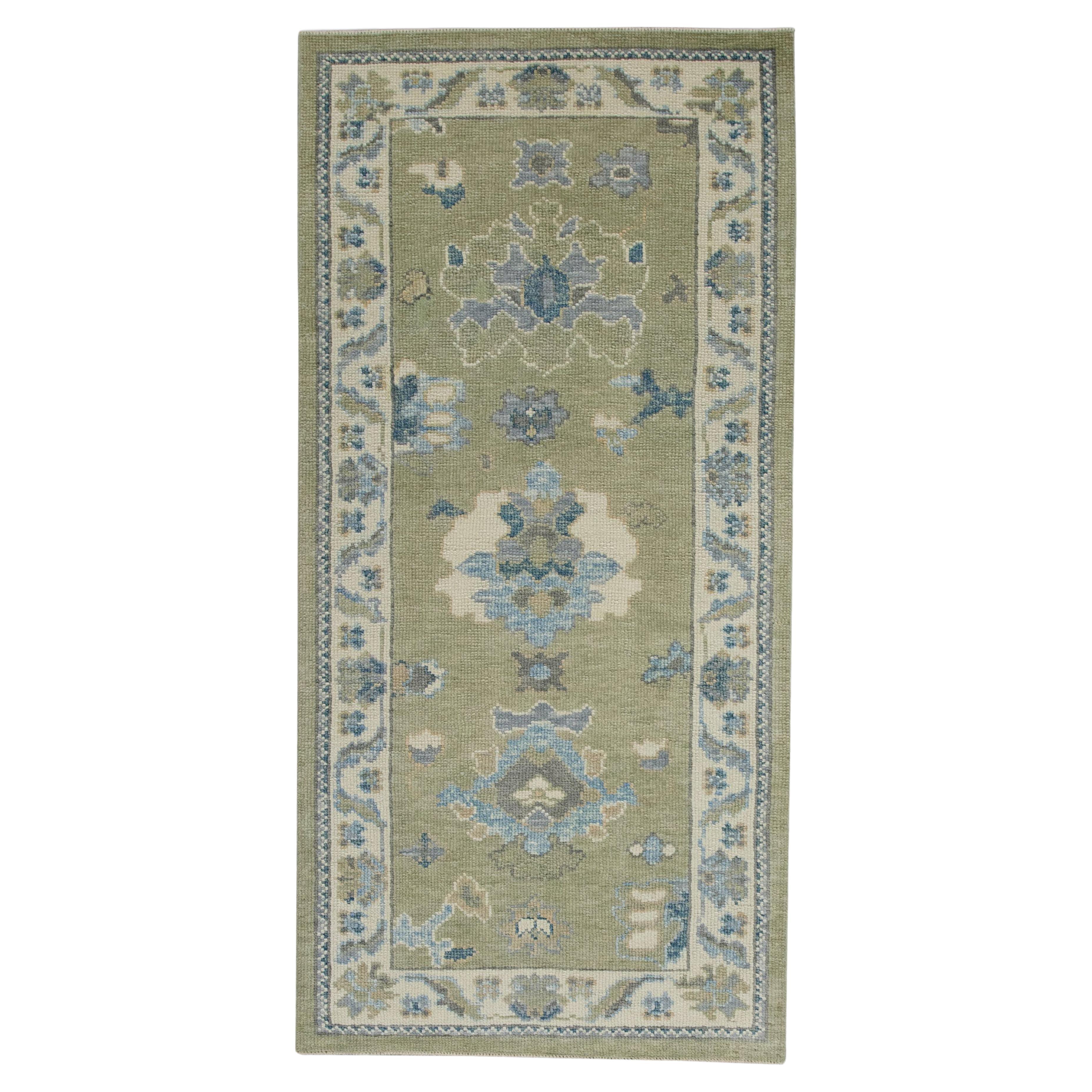 Turkish Oushak Rug Green & Blue Floral Handmade Wool Rug 2'11" x 6' For Sale