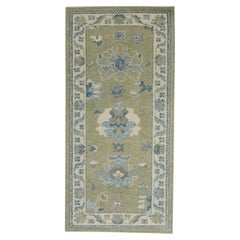 Turkish Oushak Rug Green & Blue Floral Handmade Wool Rug 2'11" x 6'