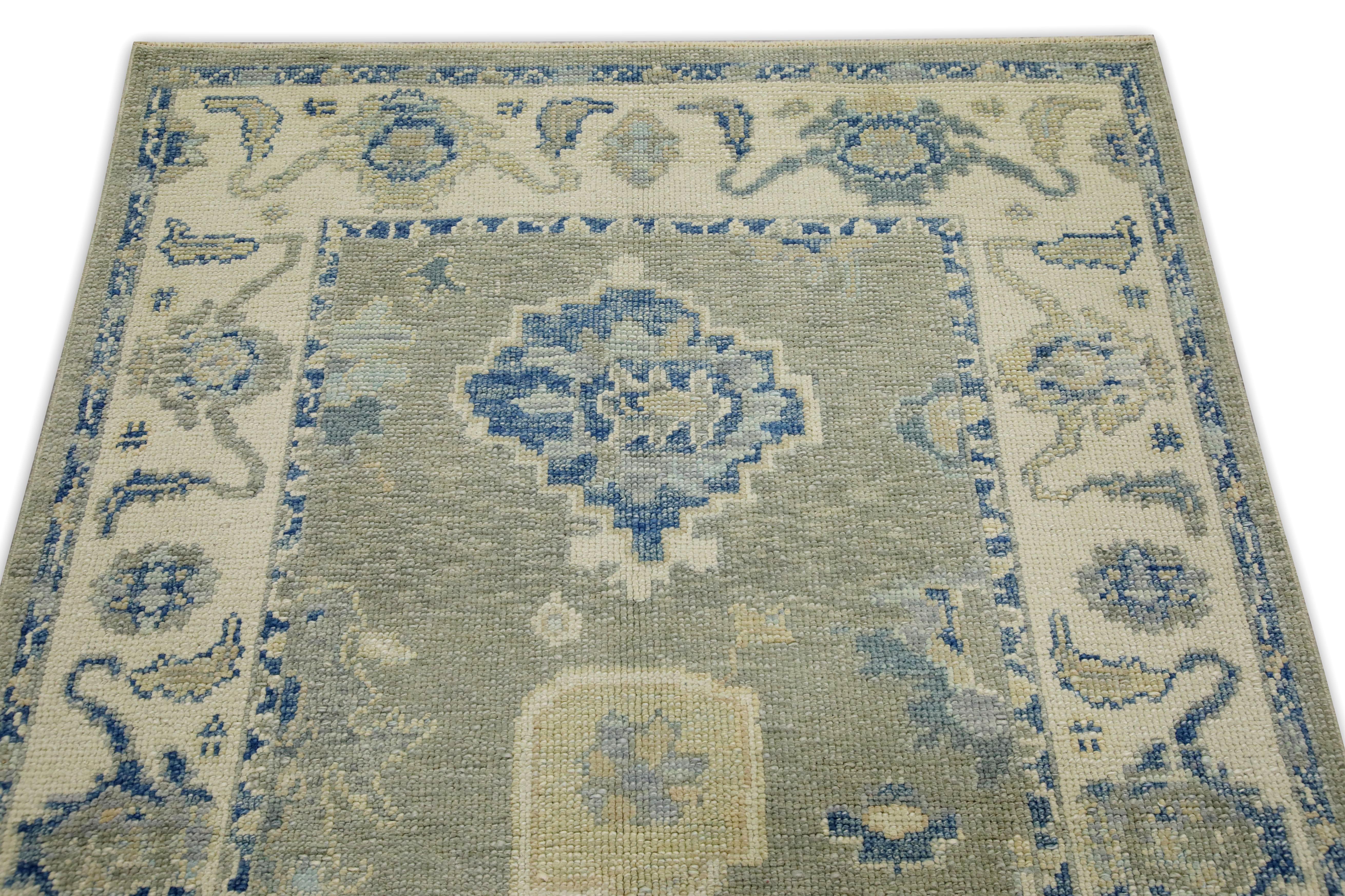Turkish Oushak Rug Green & Blue Handwoven Wool Rug 3'10